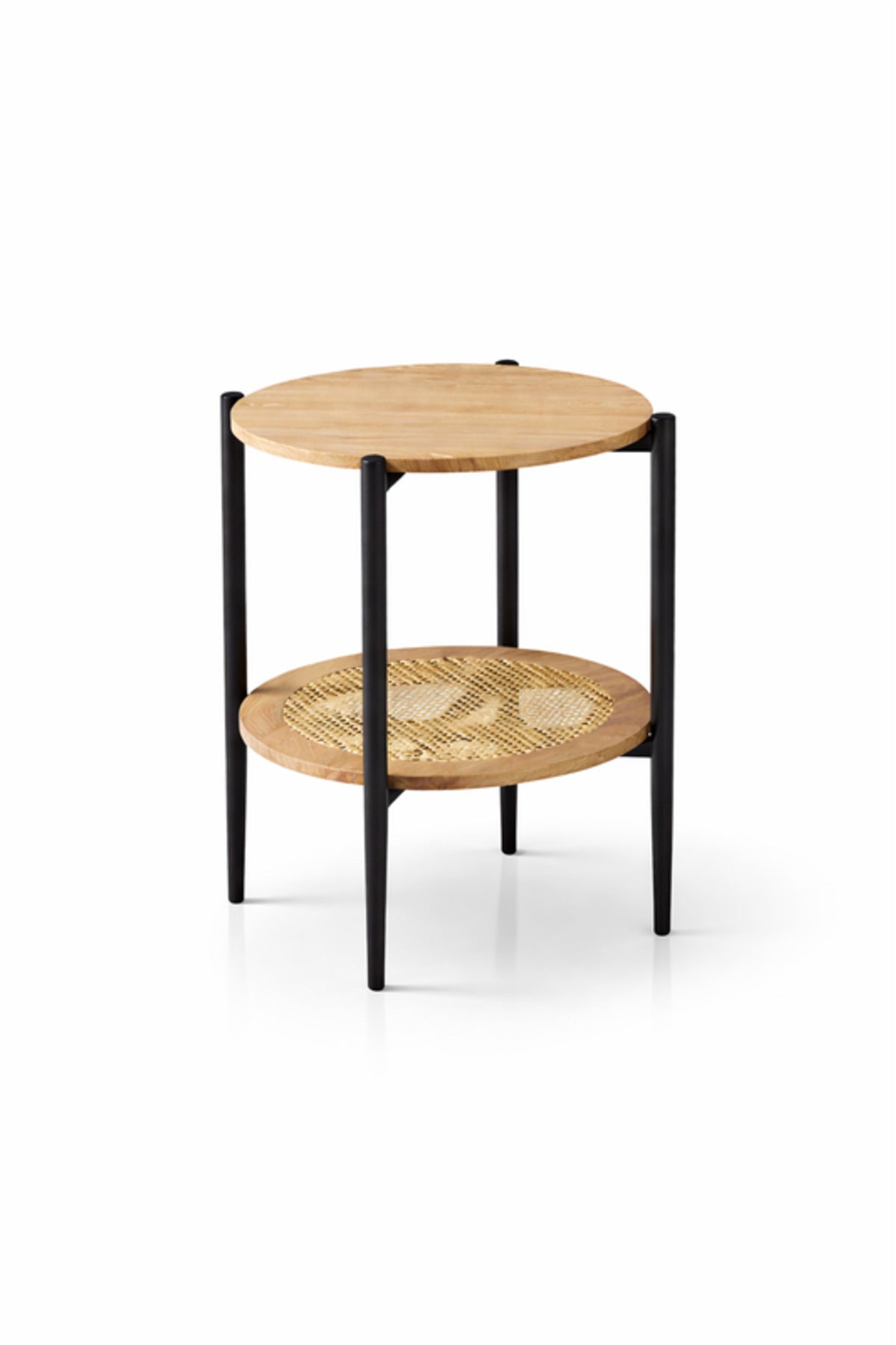 Modern Wood & Metal Side Table with Rattan Shelf √ê Compact Accent Table