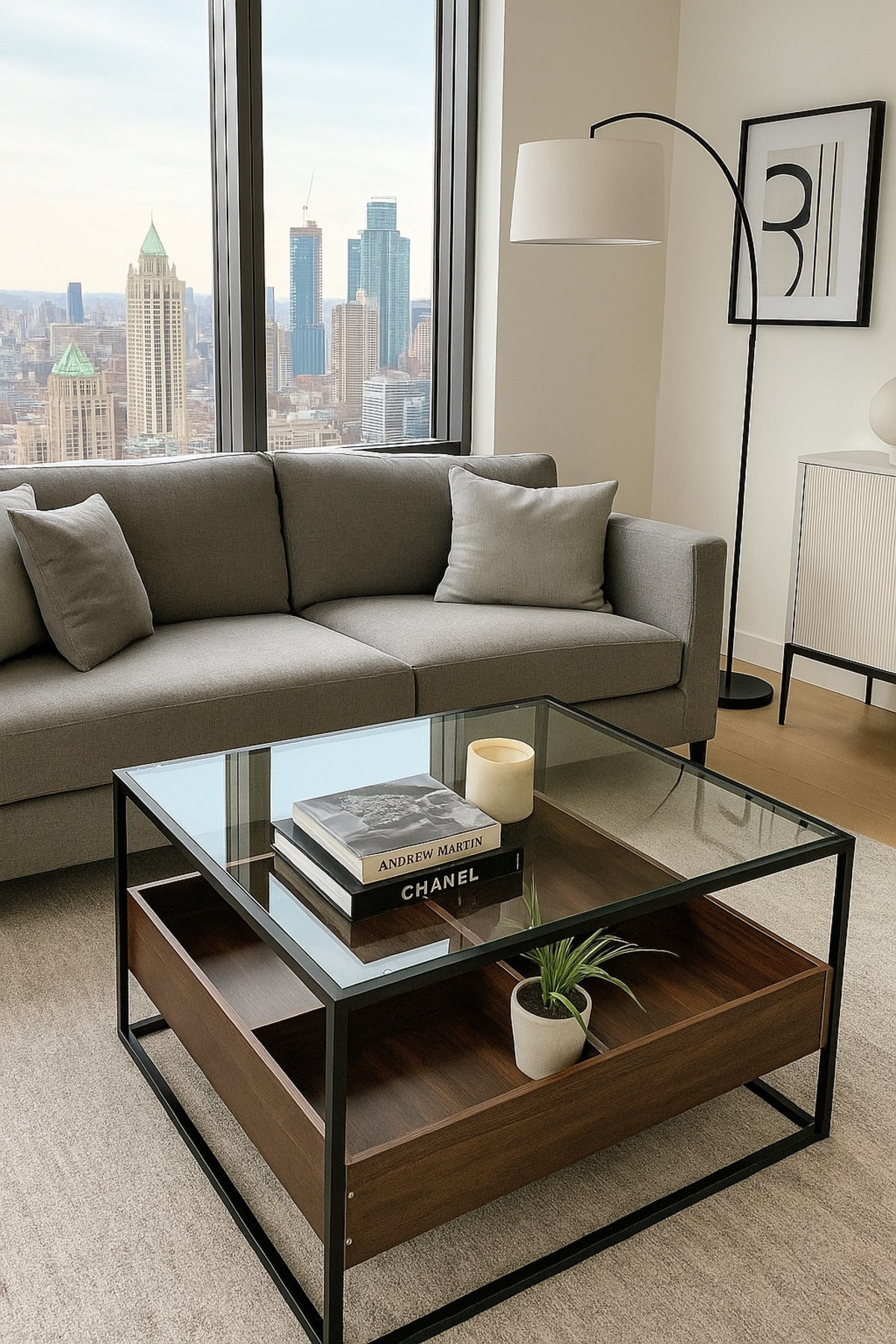 Modern Glass Coffee Table with Wooden Storage Compartments & Black Frame Ð 80x80x45cm