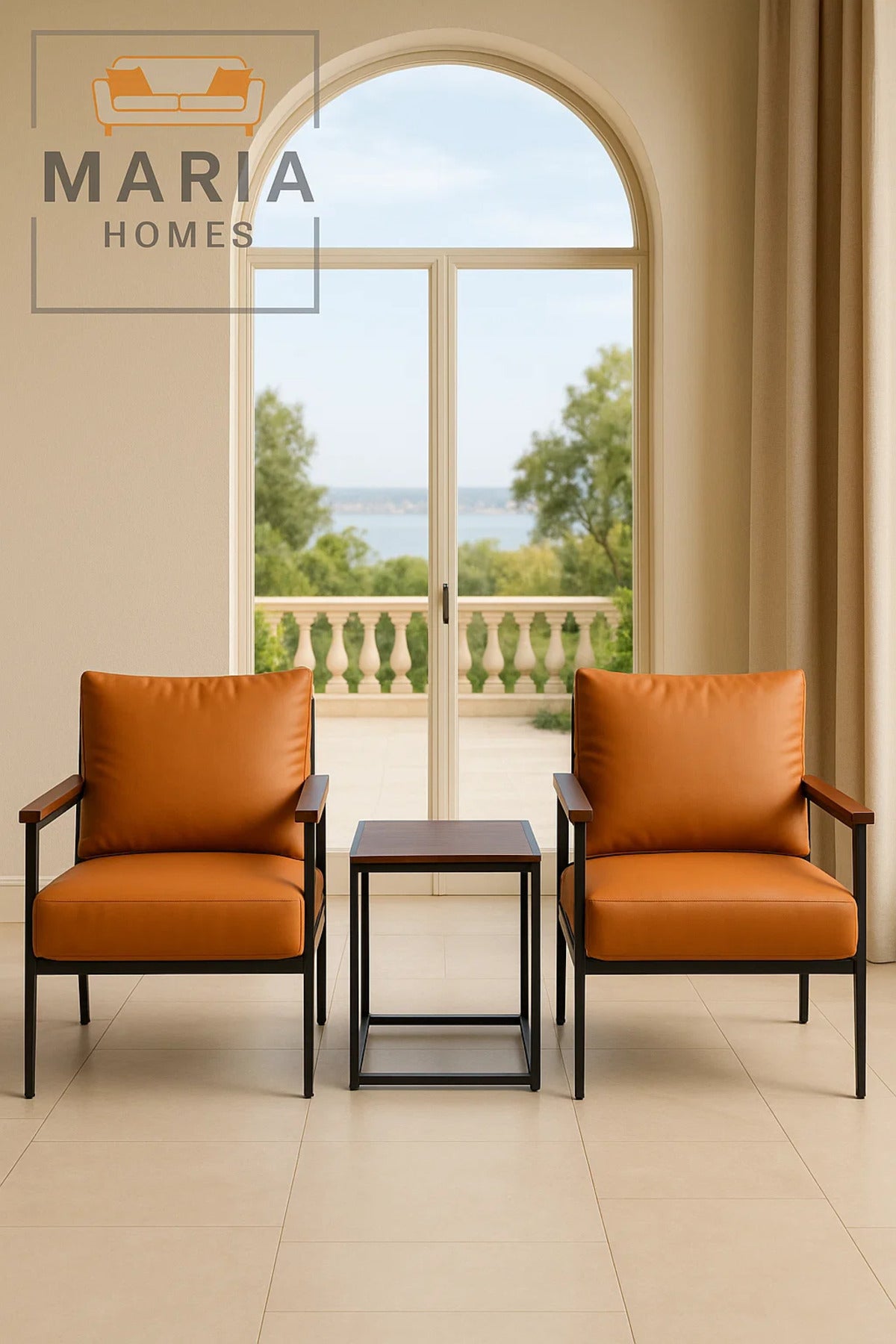 Orange Faux Leather Lounge Chair Ð Modern Armchair with Black Metal Frame & Wood Armrests