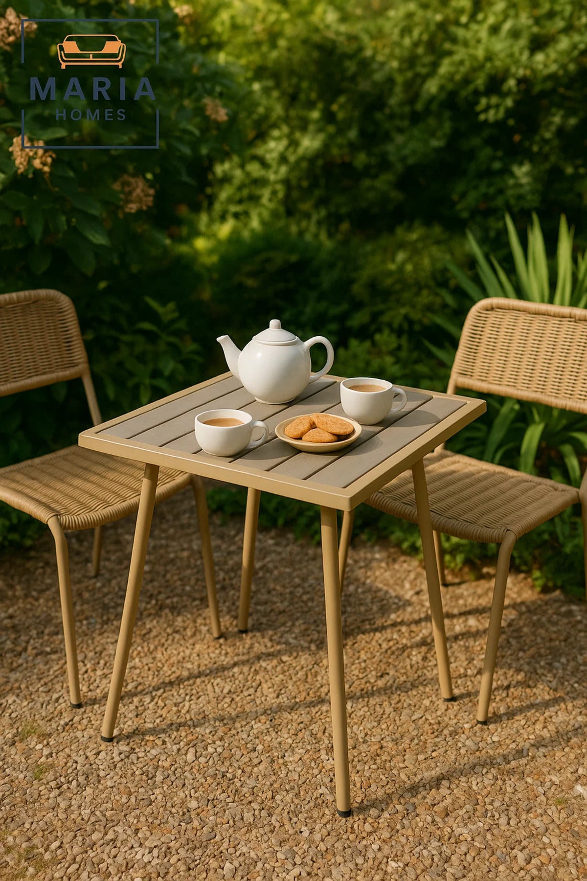 Beige Square Side Table with Slatted Top and Tapered Legs
