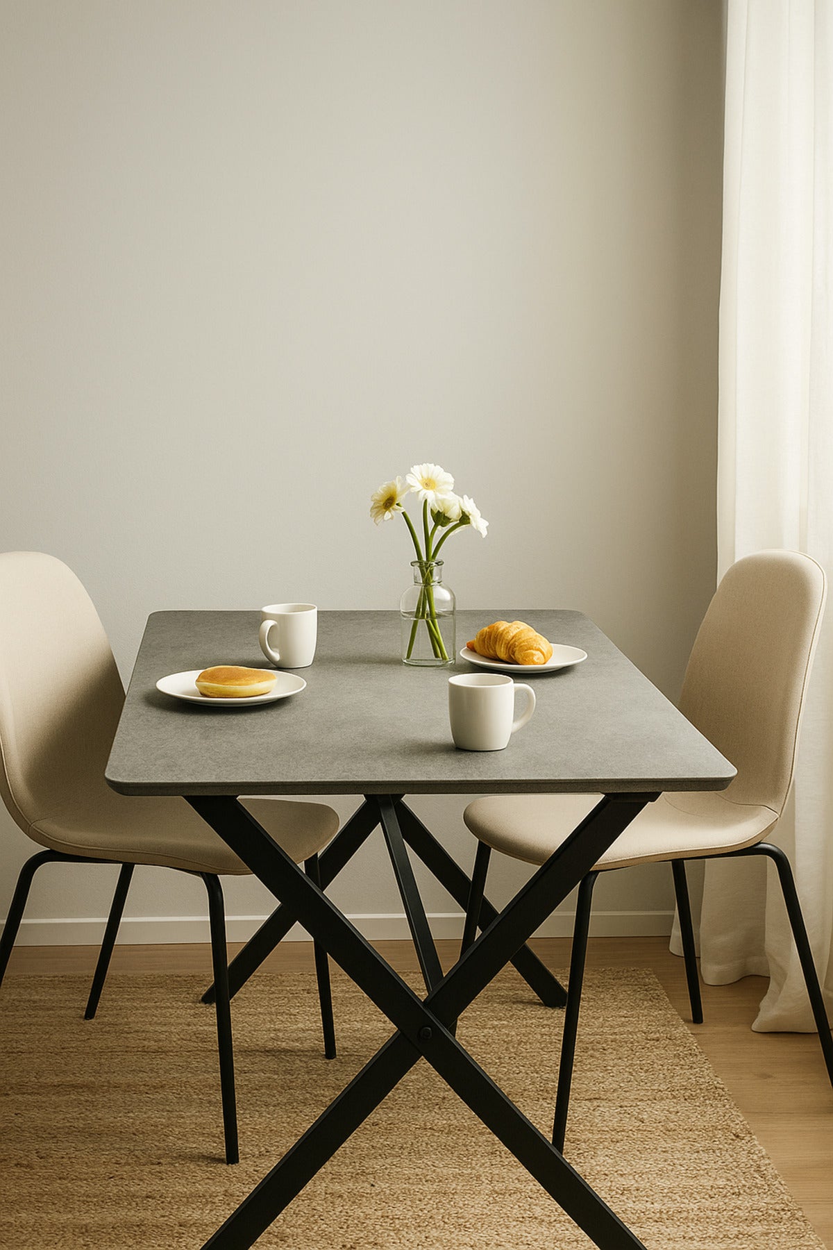 Modern Grey Dining Table Ð 150_90_77 cm | Stone Finish Tabletop with Black Cross Metal Legs