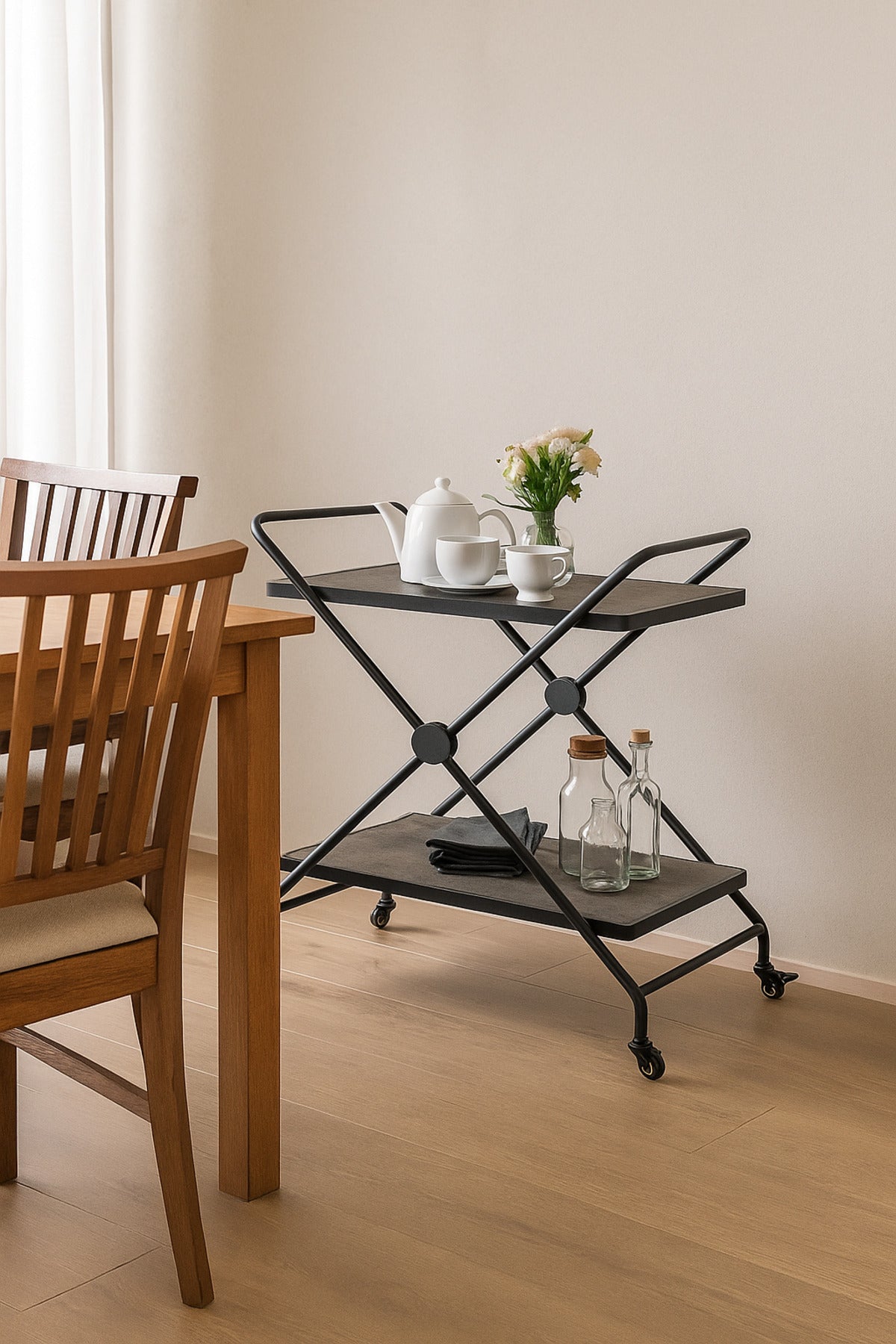 Industrial Gray Metal Serving Trolley with Wheels Ð 2-Tier Bar Cart 70_40_84 cm