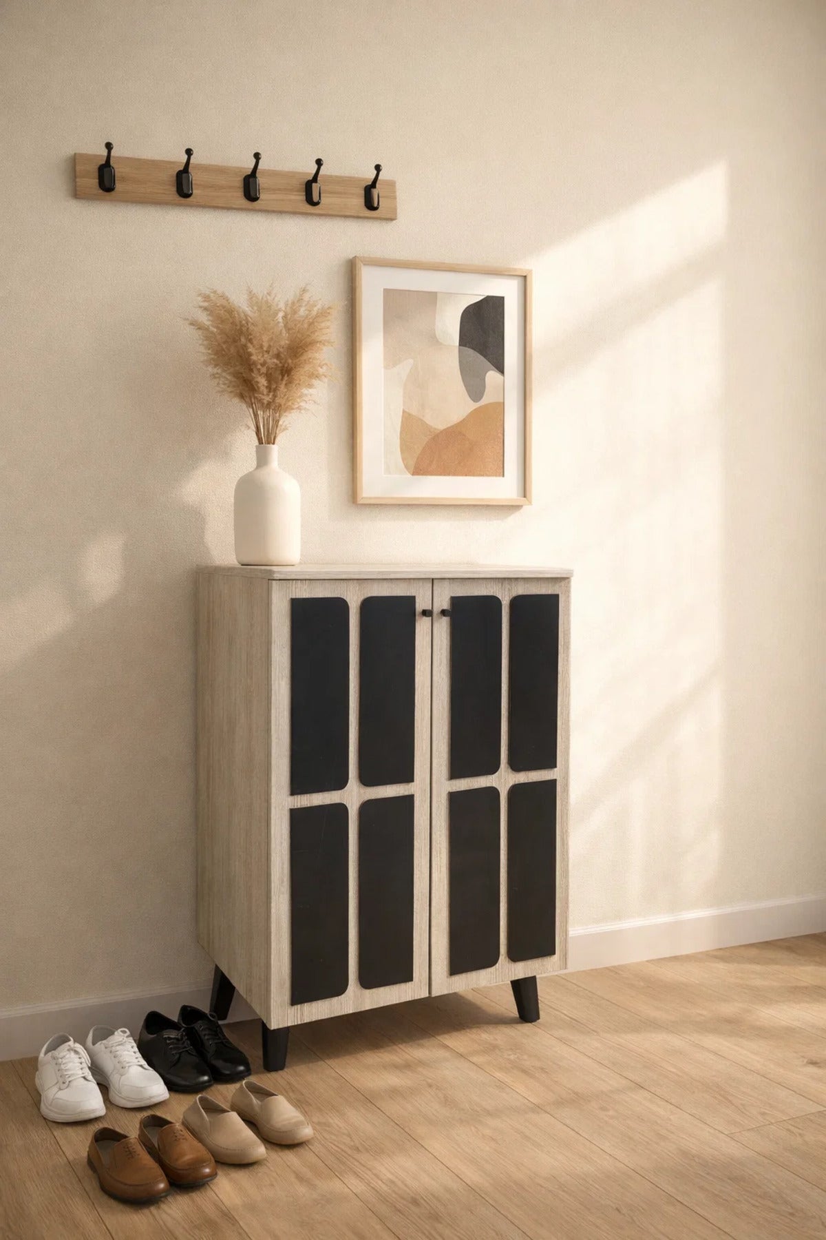 Modern Grey Wooden Shoe Cabinet 2-Door Storage Organizer with Dark Accents for Entryway Hallway