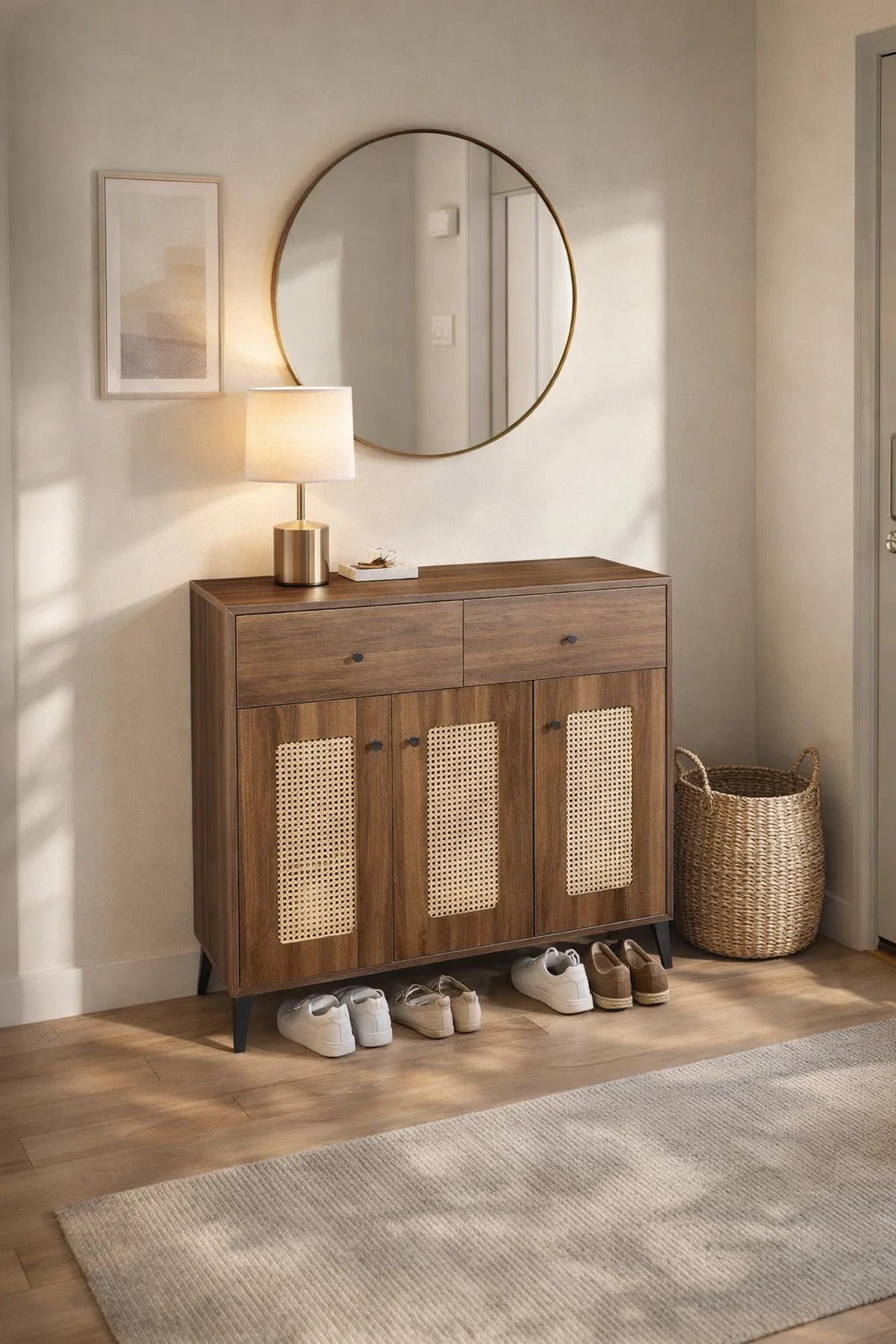 Wooden Shoe Cabinet Storage Organizer with Rattan Doors and Drawers for Modern Home Entrance