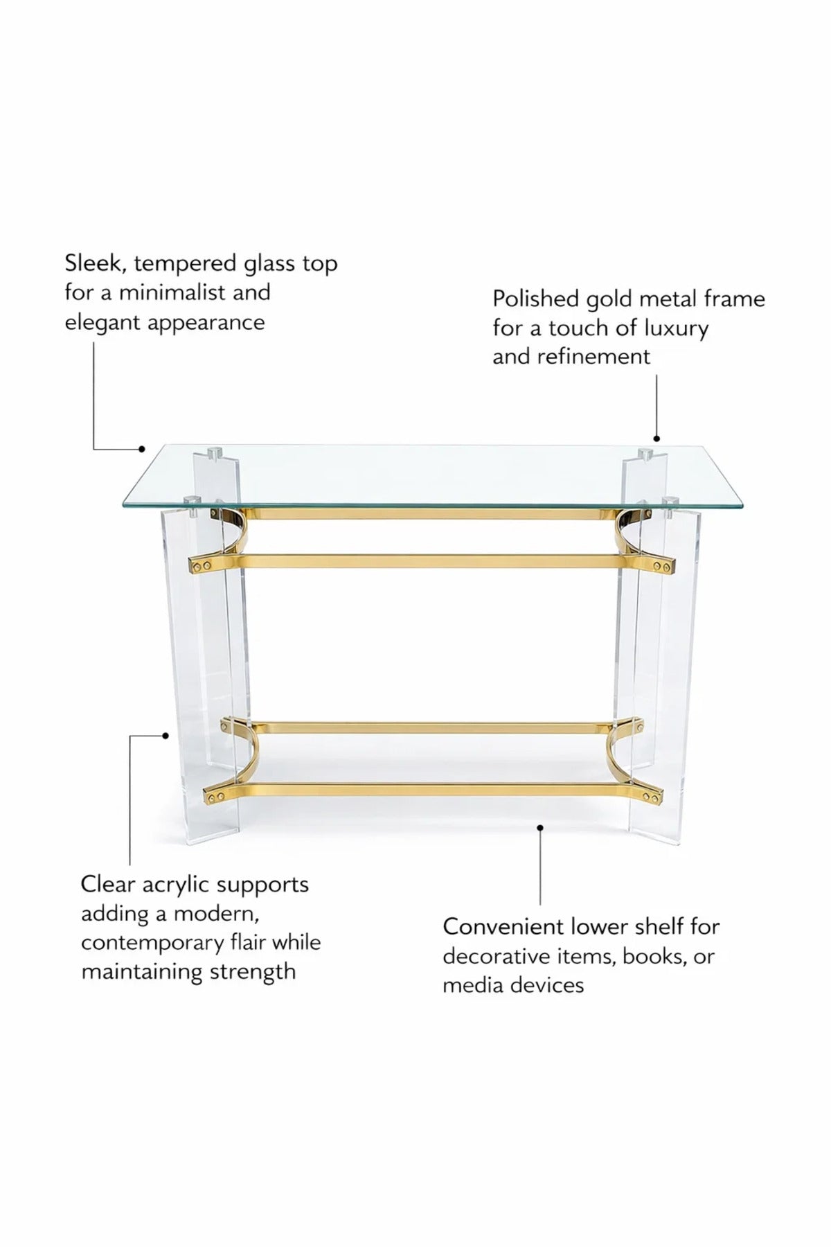 Luxury Acrylic Console Table with Gold Accents and Glass Top 120cm Modern Hallway Furniture