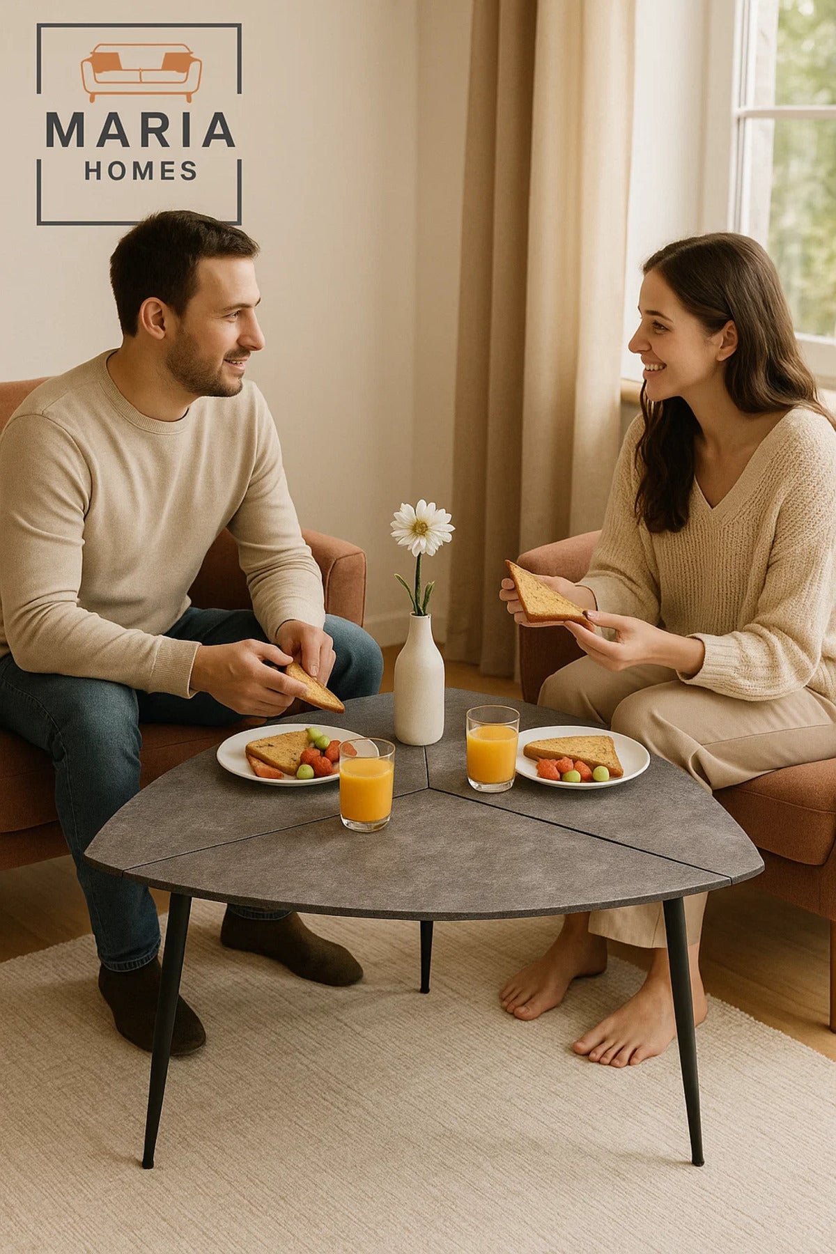 Tri-fold grey stone finish accent table with metal legs