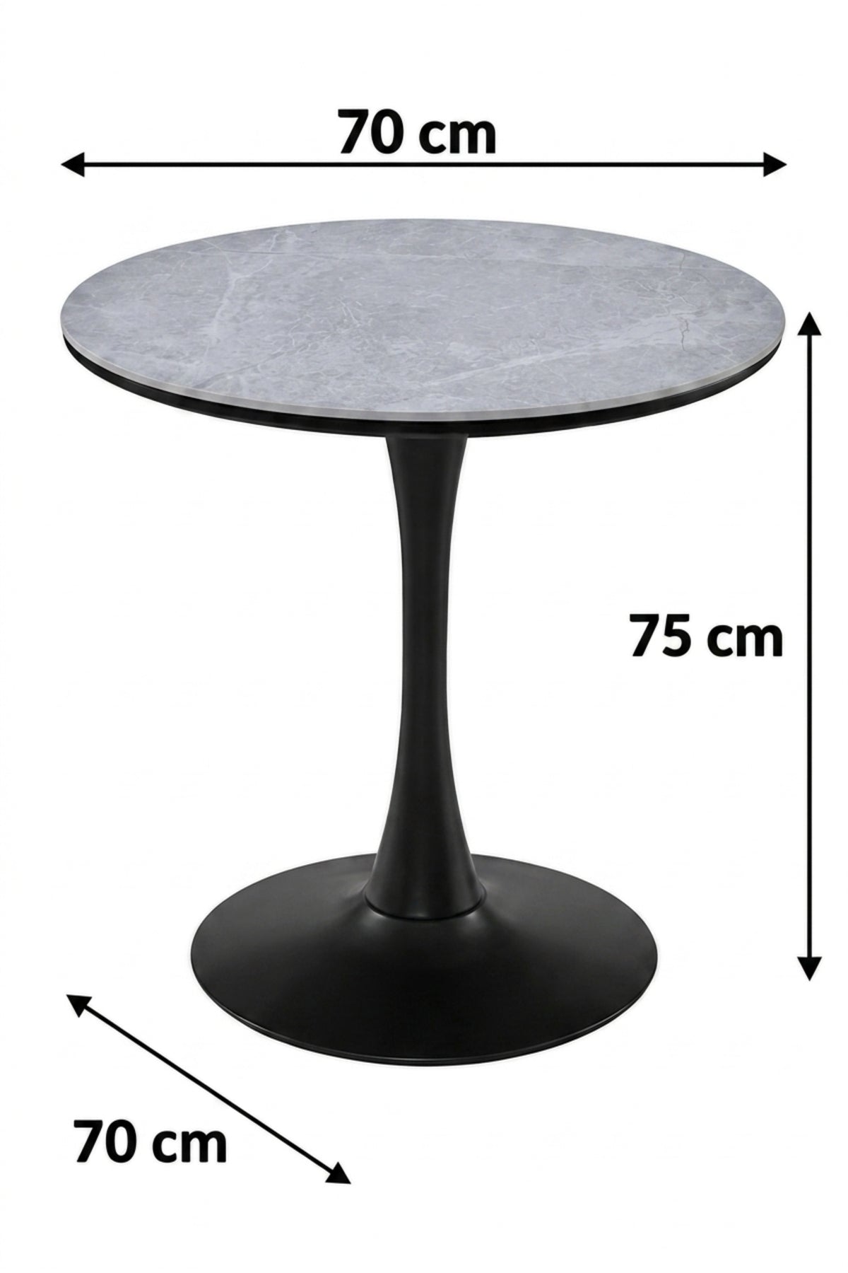 Modern Round Dining Table 70cm Grey Marble-Effect Top with Black Pedestal Base √ê Contemporary Bistro & Caf≈Ω Table