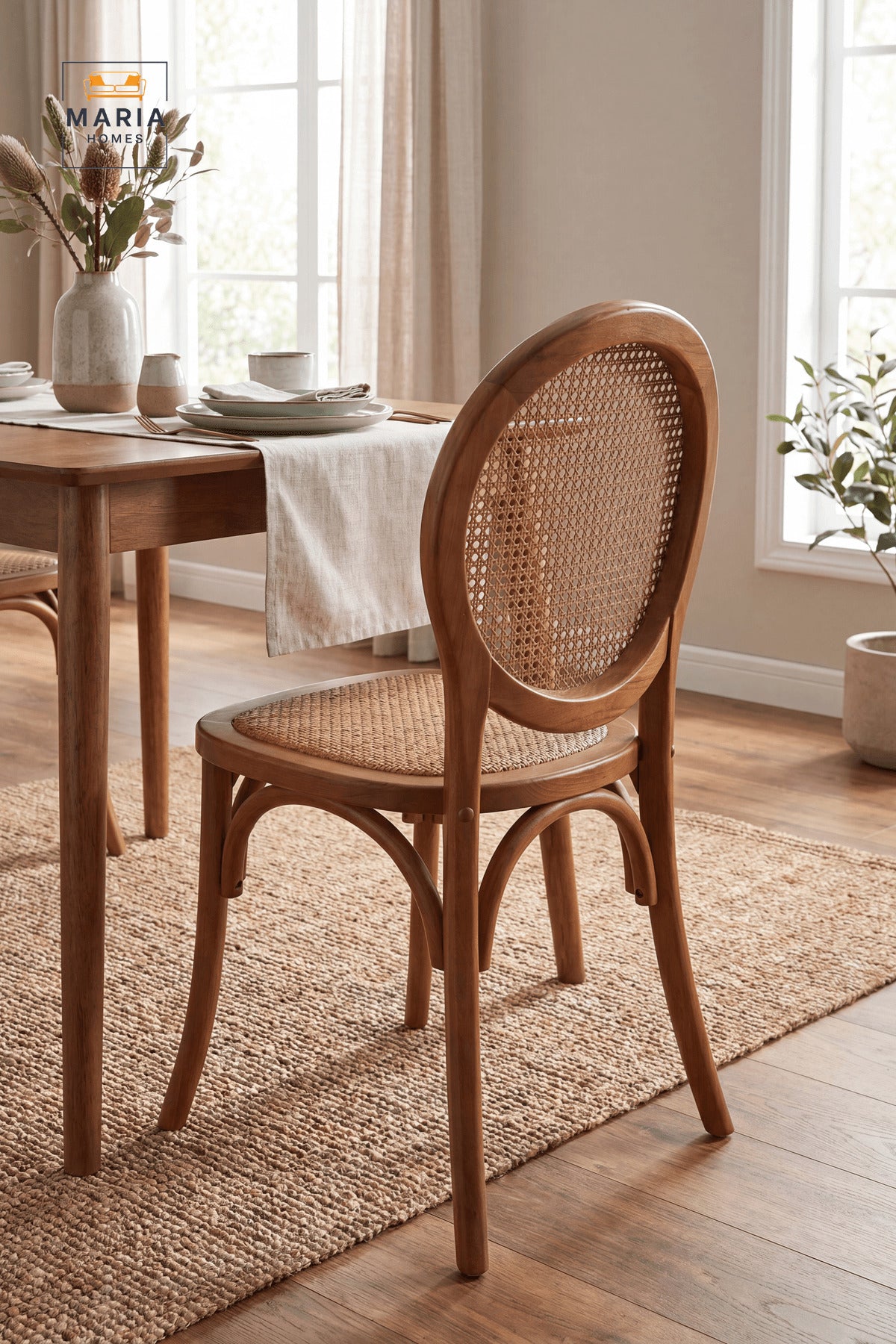 Antique Brown Wooden Dining Chair with Round Cane Back and Woven Seat