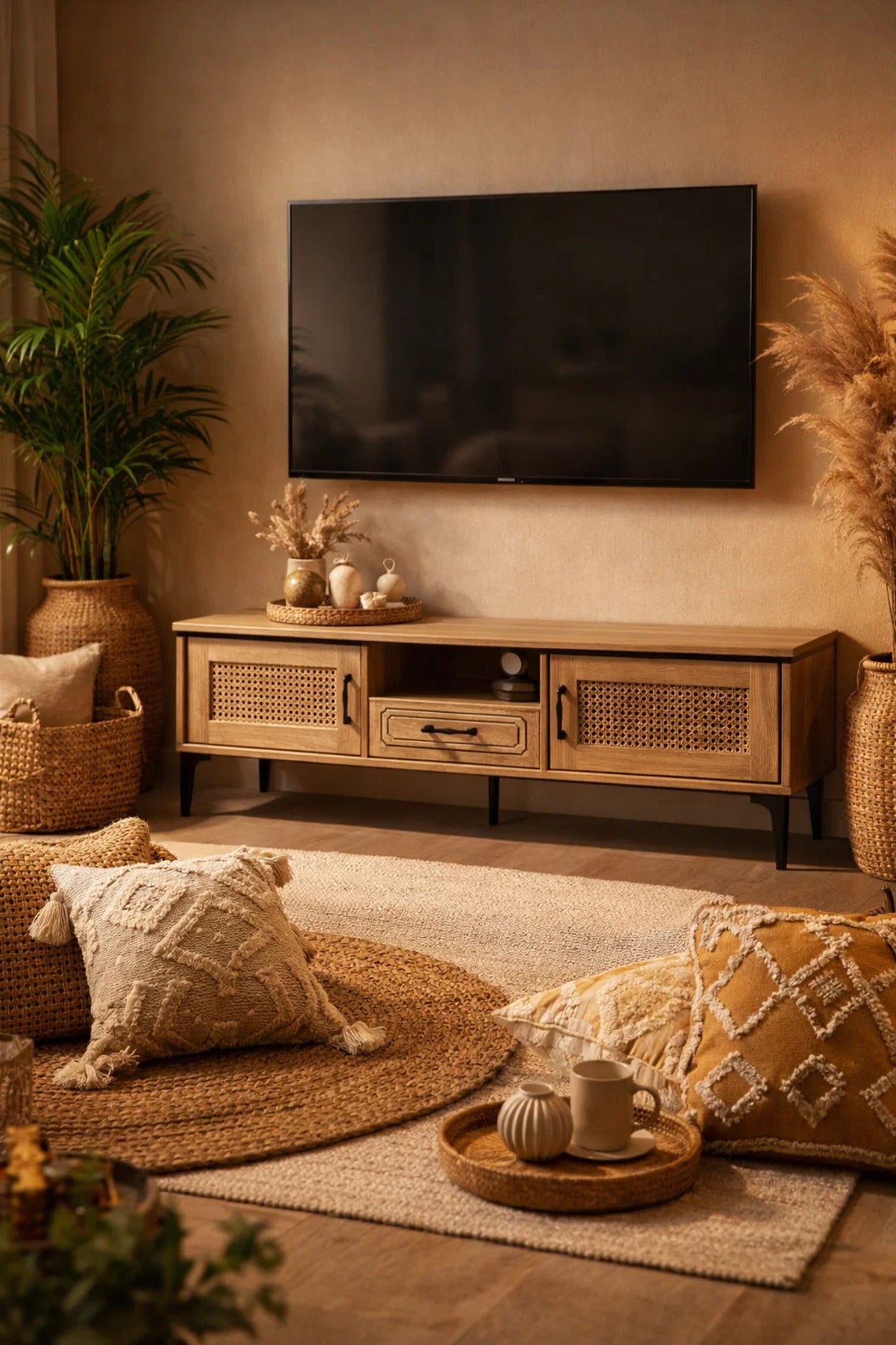 Natural Wood TV Stand √ê 140x40x46 cm Modern Plasma Table with Cabinets & Drawer