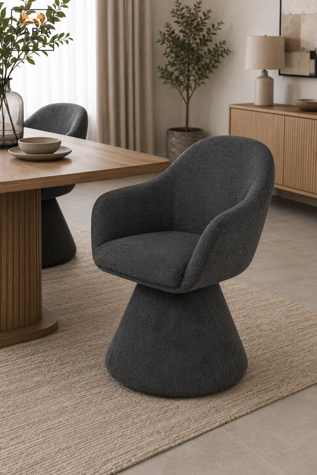 Modern 360° Swivel Dining Chair with Curved Backrest, Integrated Armrests & Pedestal Base | Upholstered Dining Room and Kitchen Chair
