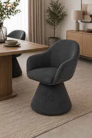 Modern 360° Swivel Dining Chair with Curved Backrest, Integrated Armrests & Pedestal Base | Upholstered Dining Room and Kitchen Chair