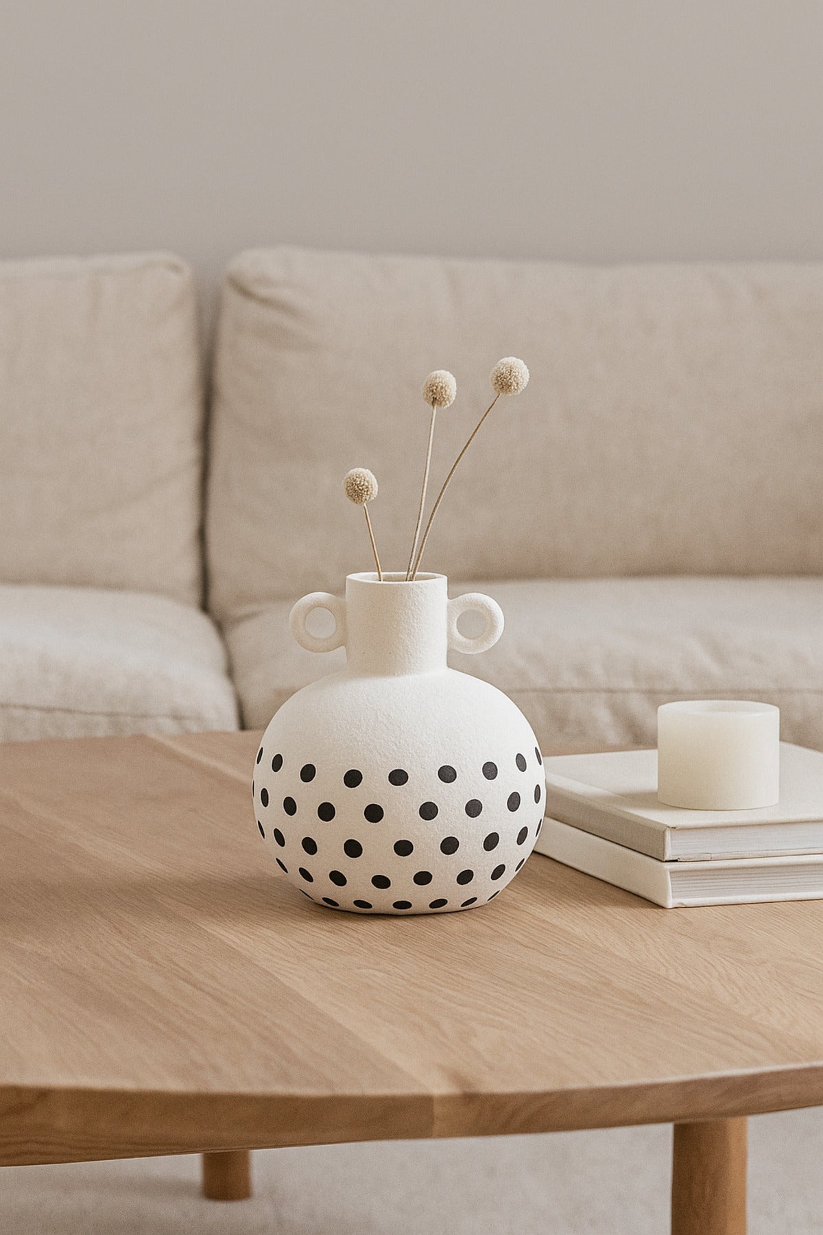 Natural White Ceramic Vase with Black Dots Ð Small Round Double Handle Decorative Vase