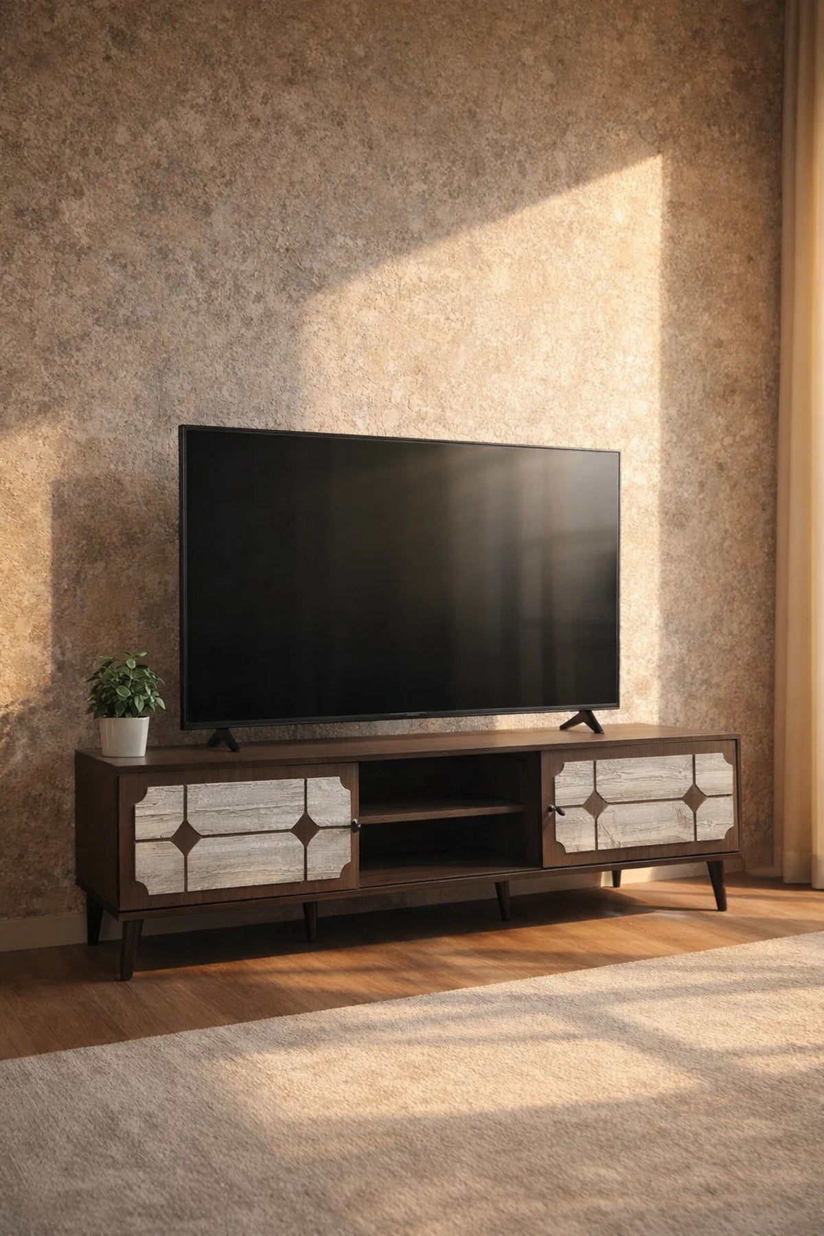 Elegant Media Console Unit TV Stand with Open Shelves and Cabinet Storage for Modern Homes 200cm