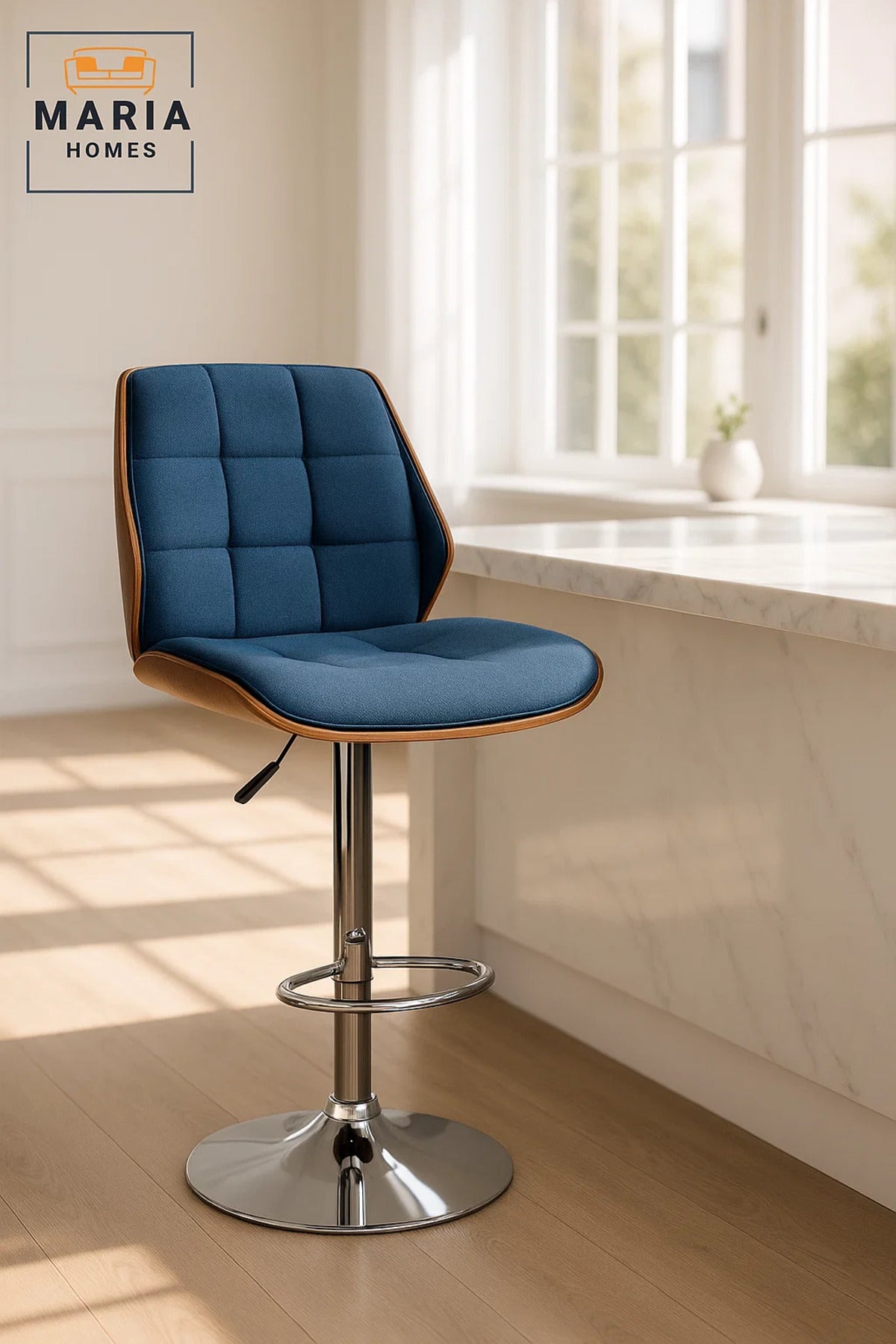 Dark Blue Adjustable Swivel Bar Stool with Chrome Base, Modern Upholstered Kitchen & Bar Chair