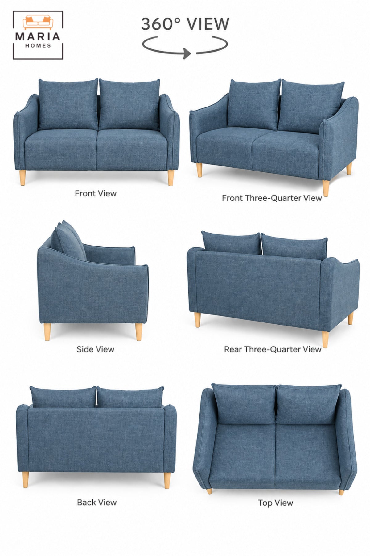 Modern Blue 2 Seater Fabric Sofa with Soft Back Cushions, Comfortable Loveseat with Armrests and Wooden Legs for Living Room, Bedroom & Lounge