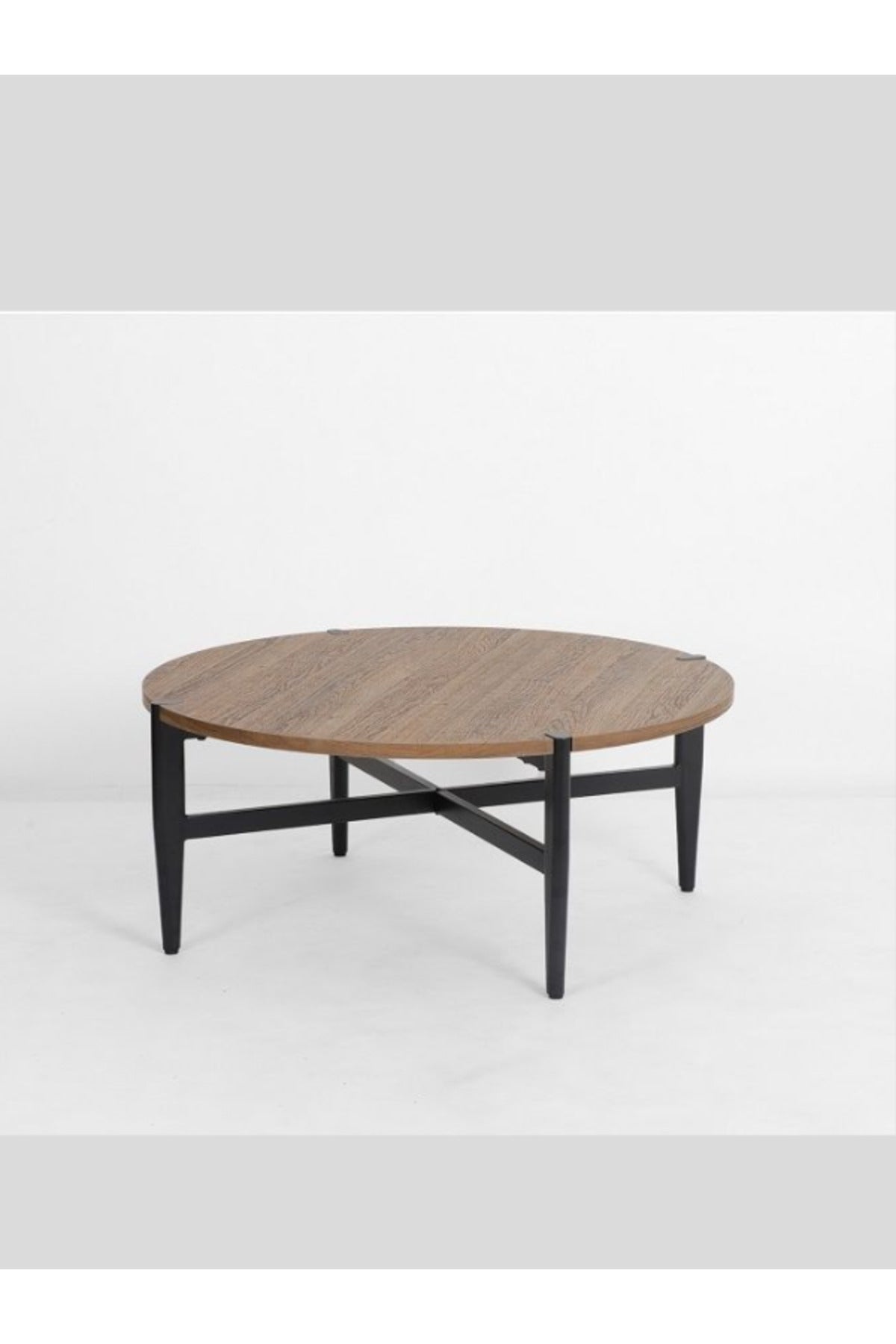 Round Brown Coffee Table with Black Metal Legs Ð Modern Wooden Center Table for Living Room 90_45 cm