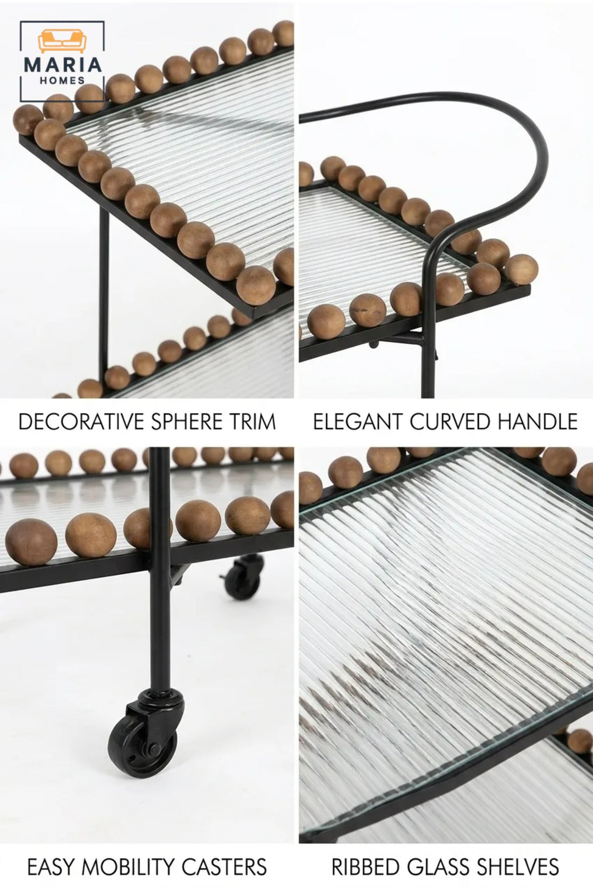 Modern 2-Tier Glass Serving Trolley – Brown & Black Rolling Bar Cart with Metal Frame and Bead Accents