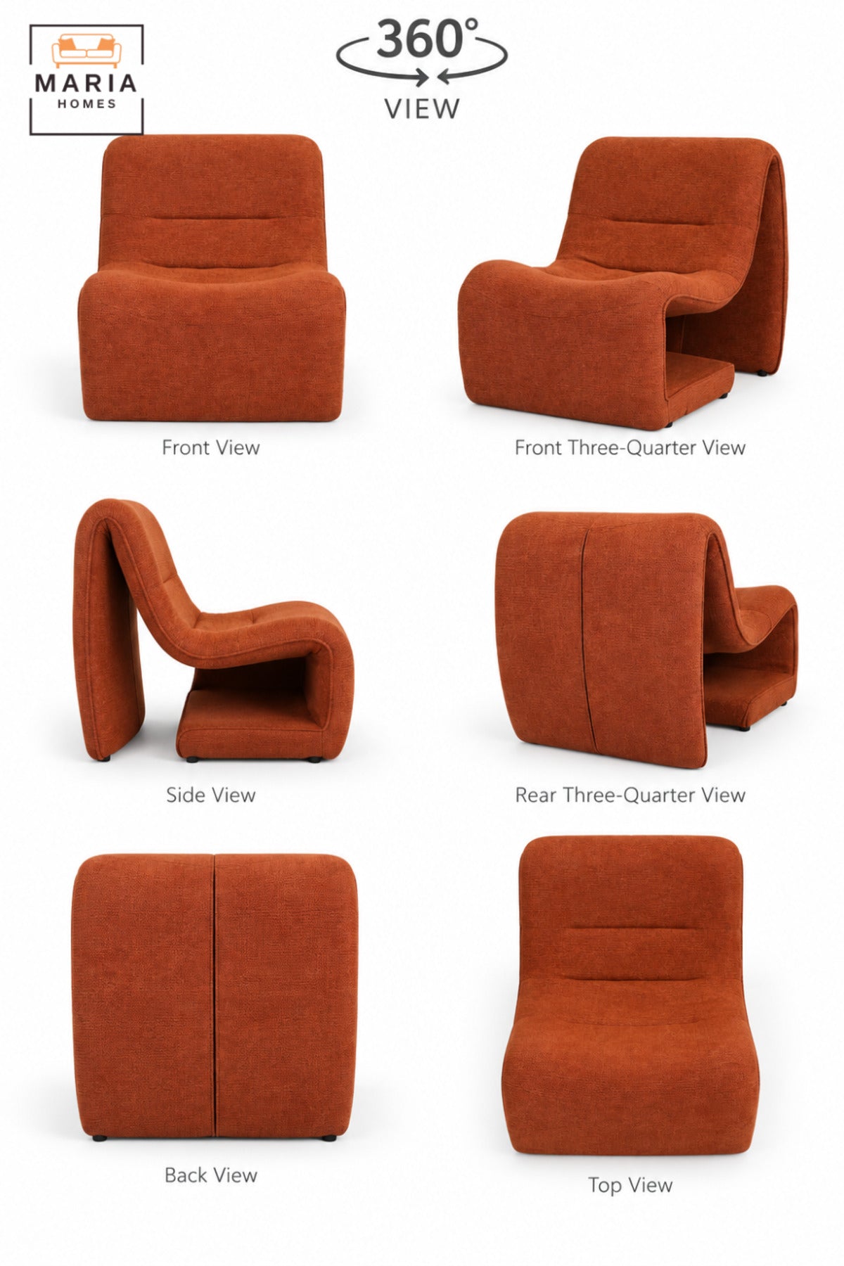 Modern Orange Upholstered Accent Chair with Sculptural Curved Design, Padded Seat for Living Room, Bedroom, Lounge & Reading Corner