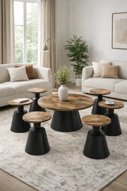 Premium 7-Piece Living Room Table Set One Center Table Six Side Tables Wood Top Black Base Kit