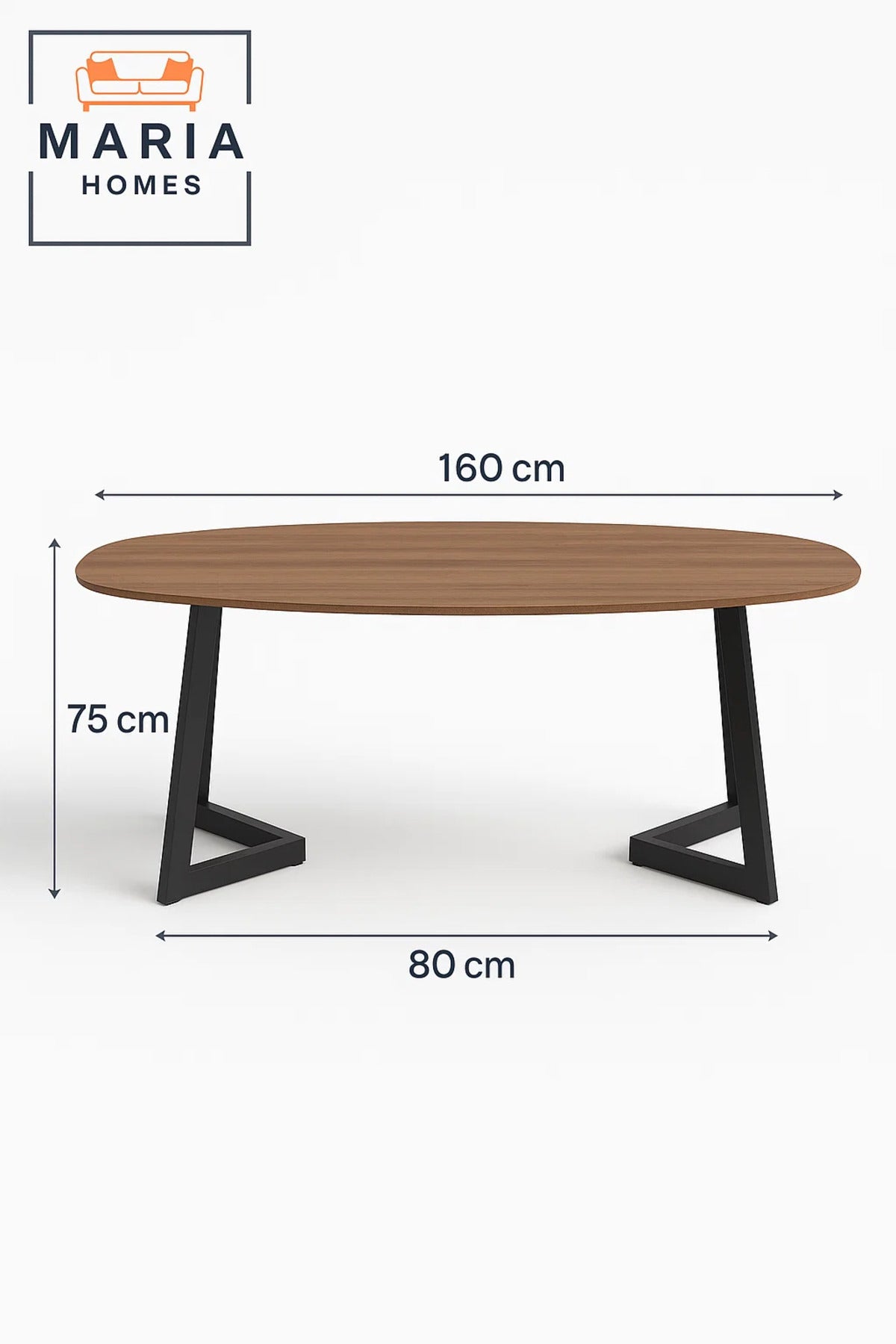 Modern Wooden Center Table 160x75x80cm Ð Oval Coffee Table with Black Metal Base for Living Room
