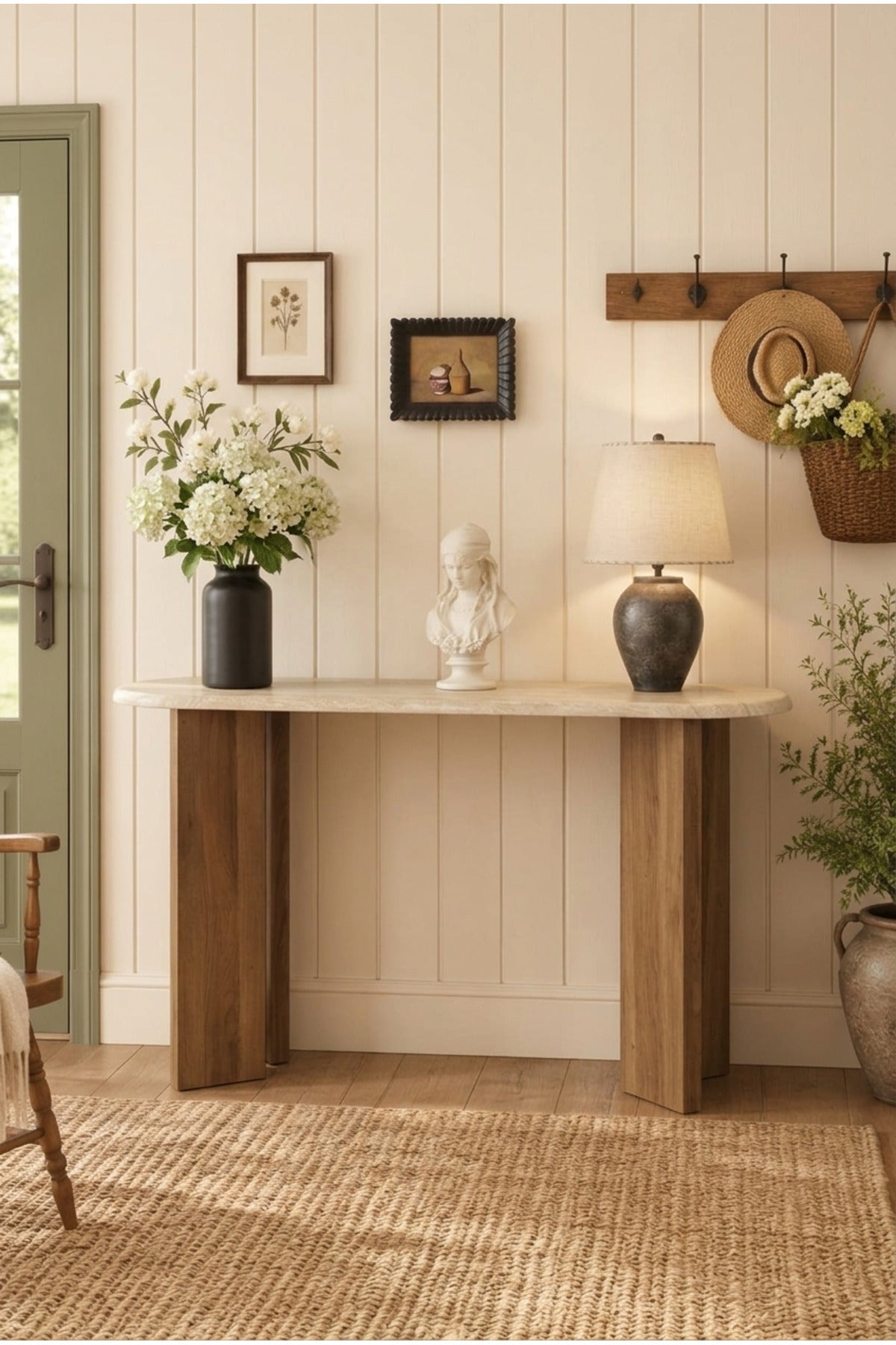 Modern Marble Top Console Table with Wooden Base for Entryway, Hallway & Living Room