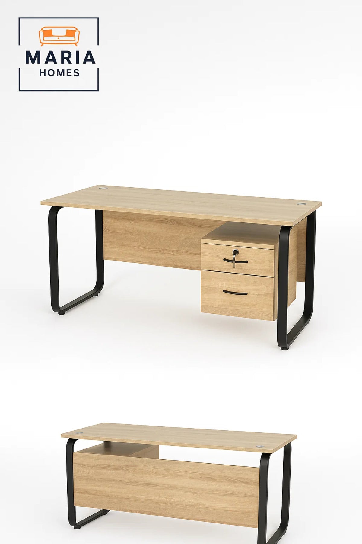 Light Wood Office Desk with Metal Frame and Lockable Drawer Cabinet-size 60*120