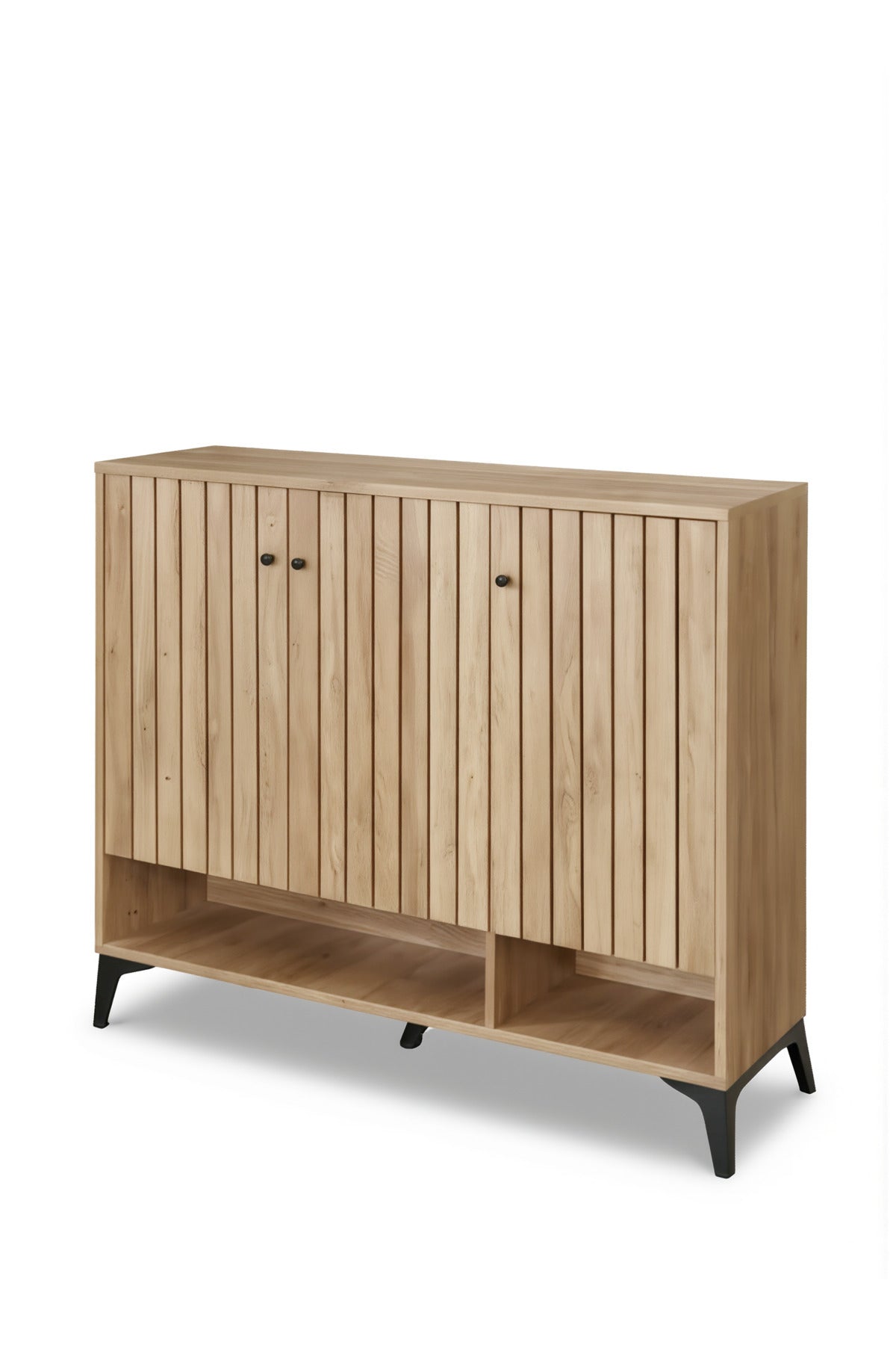 Stylish Wooden Shoe Cabinet Entryway Organizer with Slatted Doors and Metal Legs for Home Decor