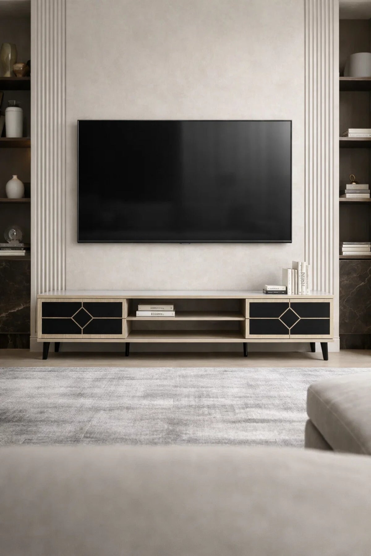 Elegant Beige TV Stand Console with Black Diamond Pattern Doors and Gold Tipped Legs 200cm Width