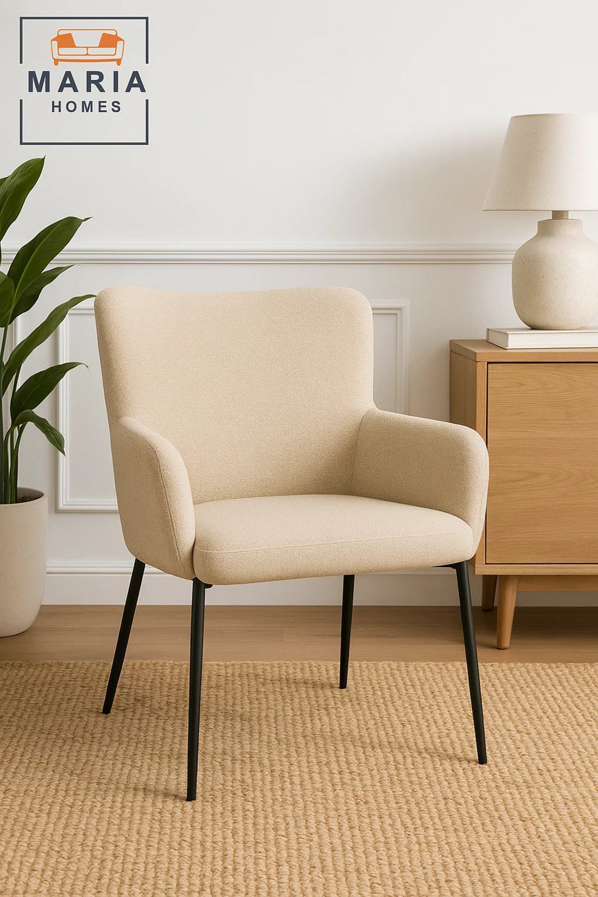 Beige High Back Fabric Armchair Ð Upholstered Lounge Chair with Black Metal Legs for Home or Office