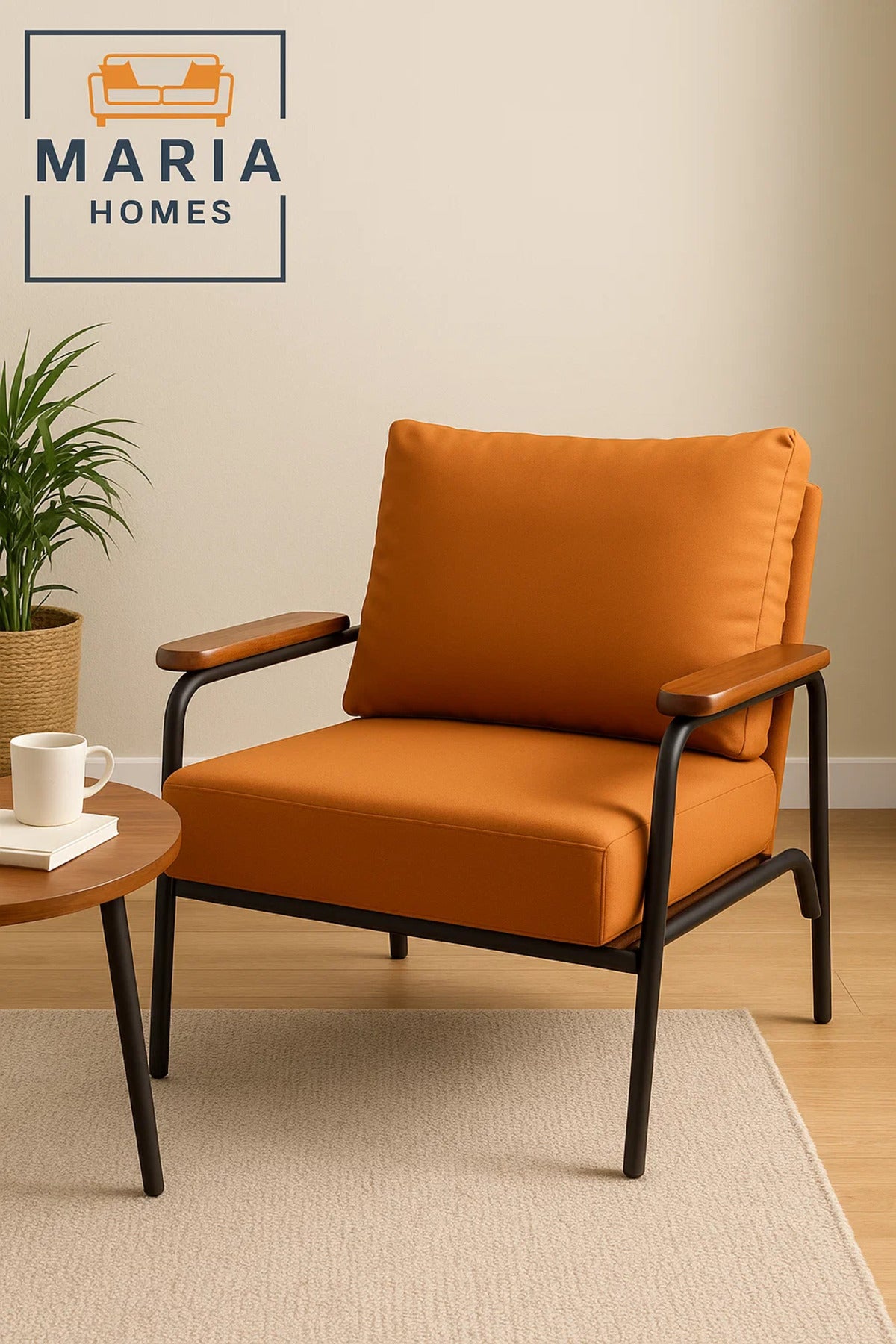 Modern Lounge Chair with Orange Faux Leather Ð Wooden Armrests & Metal Frame for Home or Office
