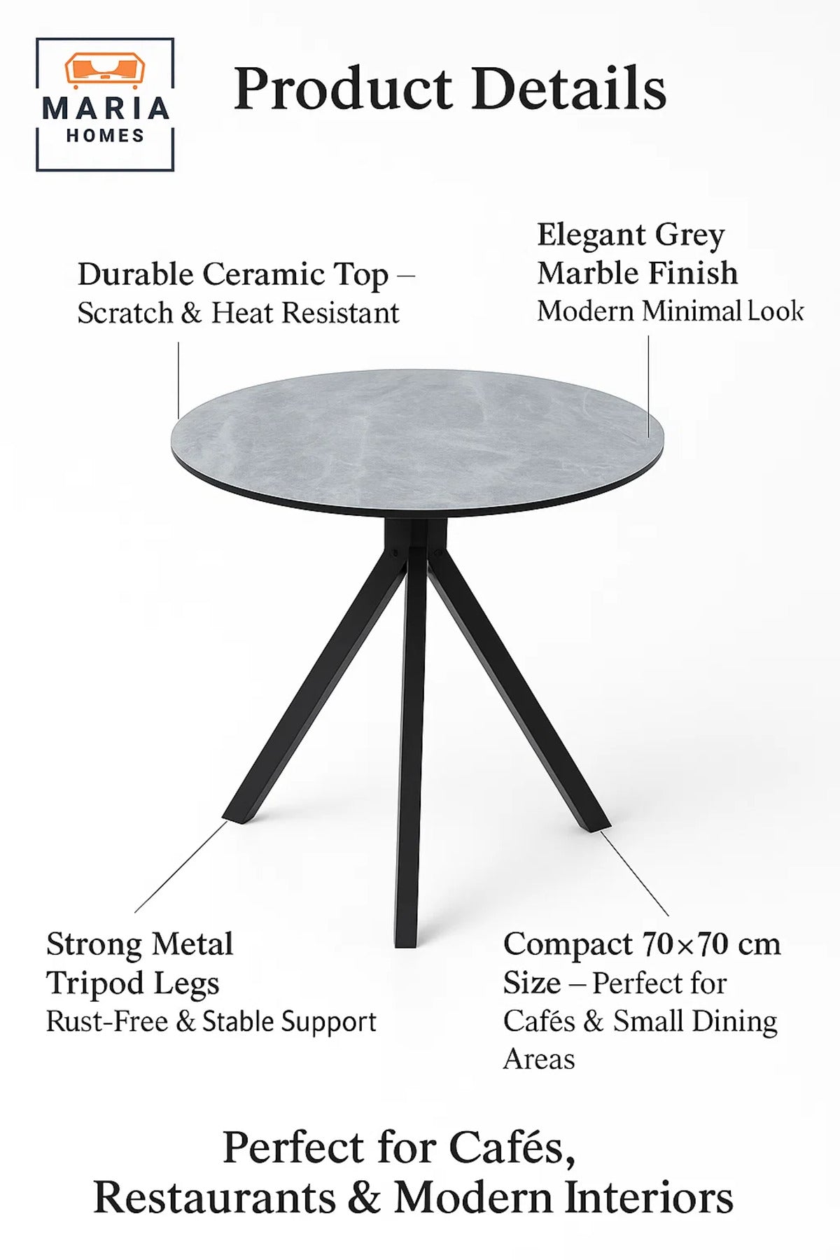Round Grey Dining Table √ê Modern Caf≈Ω, Restaurant, Office & Home Metal Furniture 70_70 cm