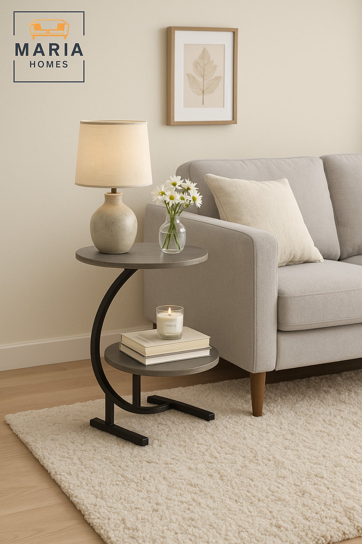 Modern Gray Round Side Table with Metal Frame Ð Two-Tier Accent Table (40_60 cm)