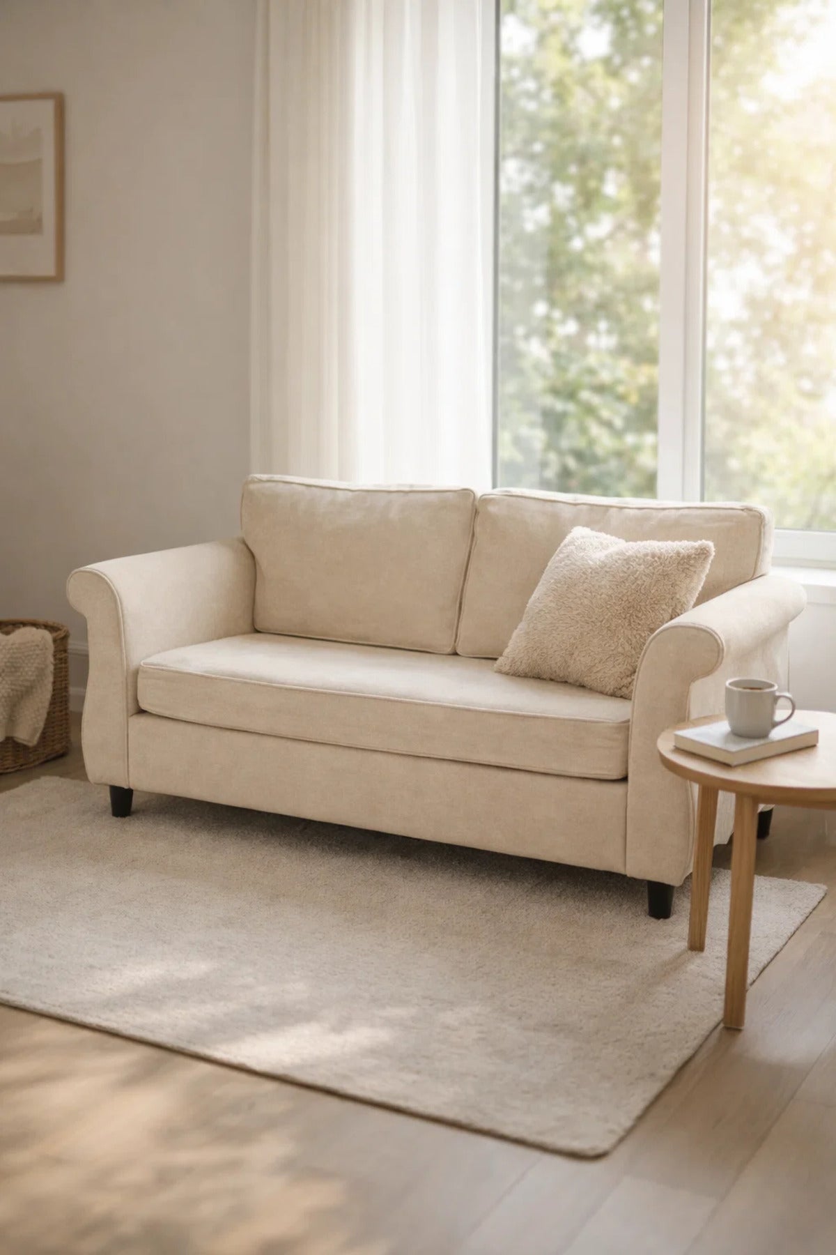 Beige Two Seater Sofa with Cushioned Seat and Classic Design