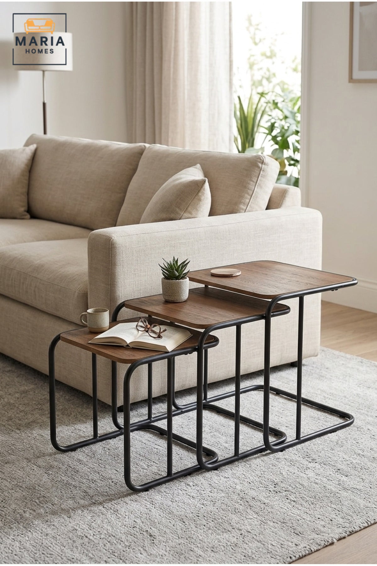 Set of 3 Nesting Side Tables with Wooden Tops and Metal Frames, Space-Saving End Tables for Living Room, Bedroom, Lounge and Office