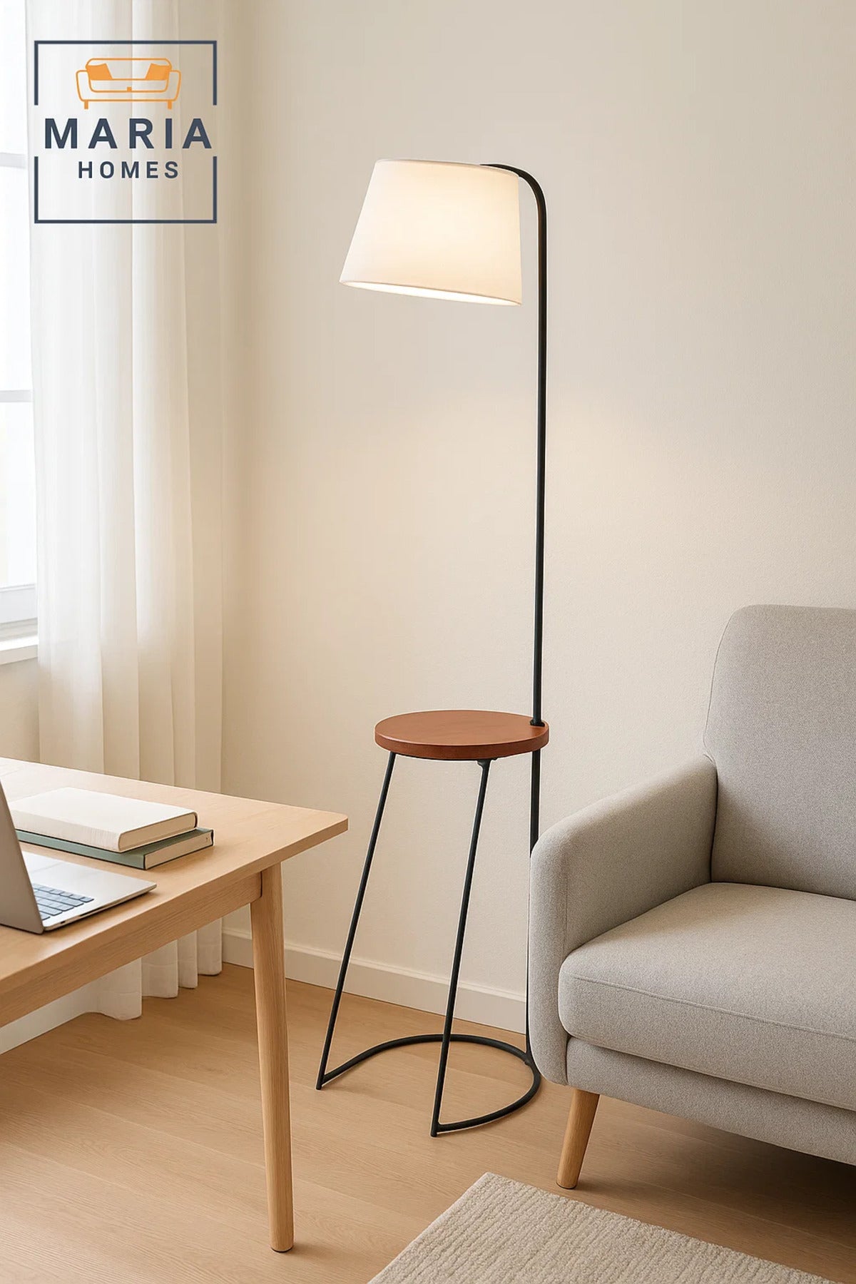 Floor Lamp with Side Table and White Shade
