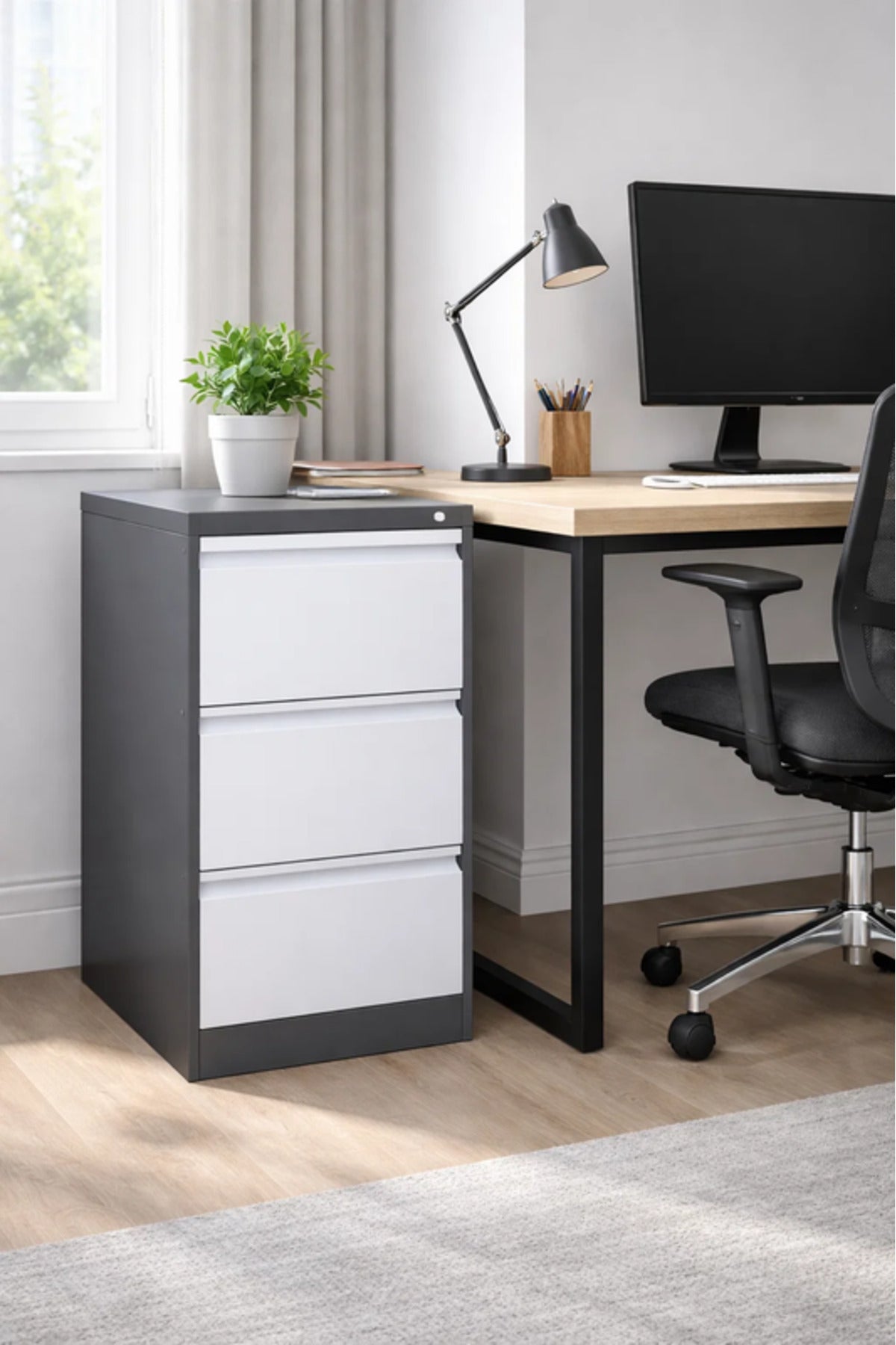 Grey and White Metal Filing Cabinet with 3 Drawers 103 _ 45 _ 62 cm