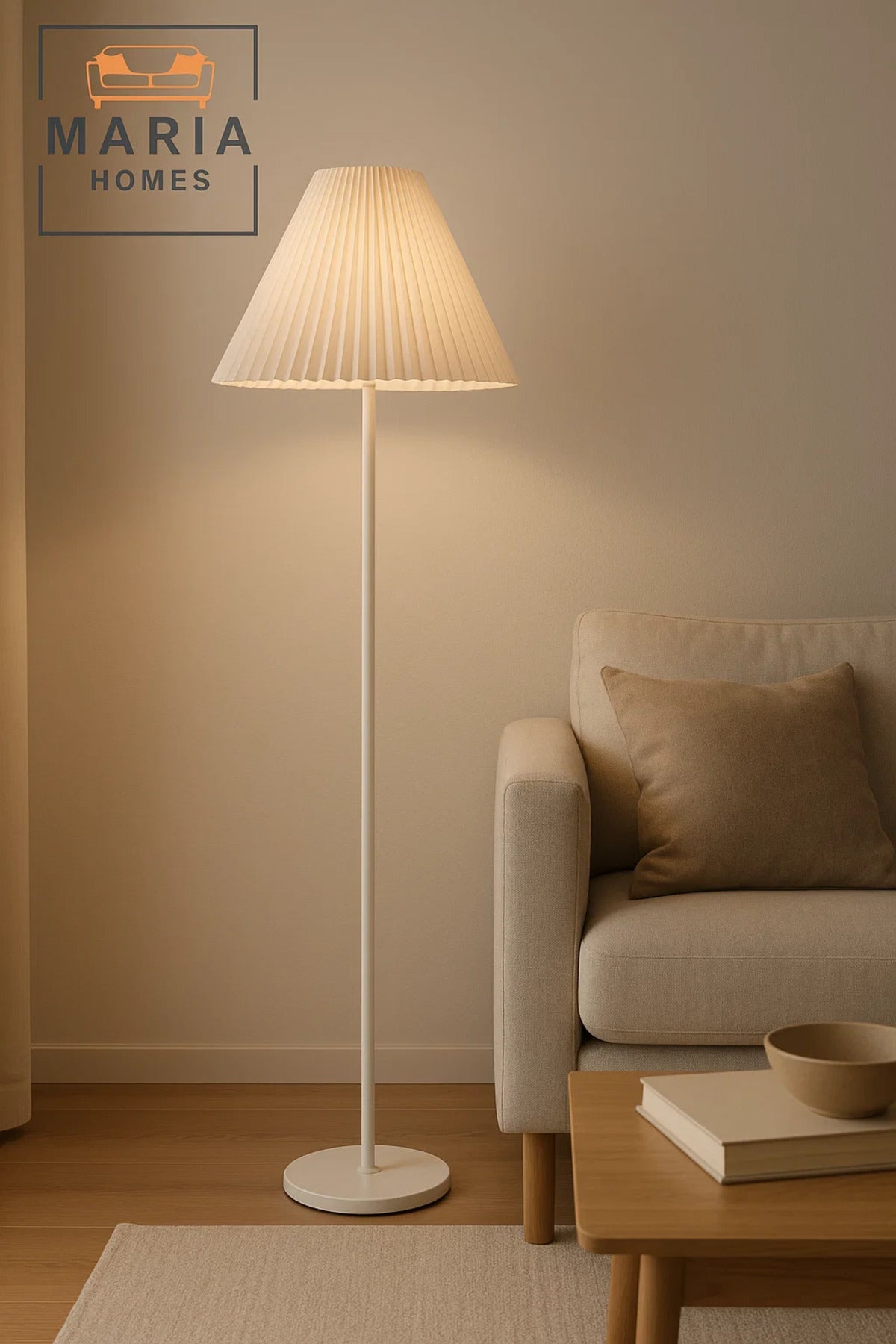 Slim White Floor Lamp with Pleated Cone Shade