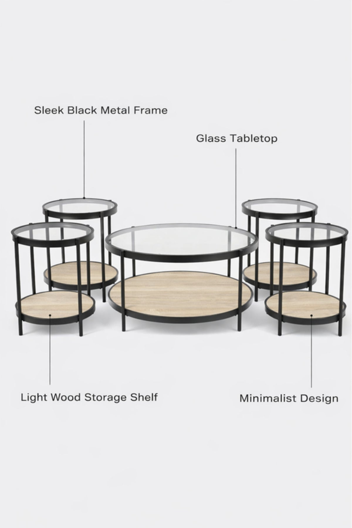 Wood 1+4 Coffee Table Set √ê Contemporary Glass and Wood Design with 1 Large and 4 Side Tables