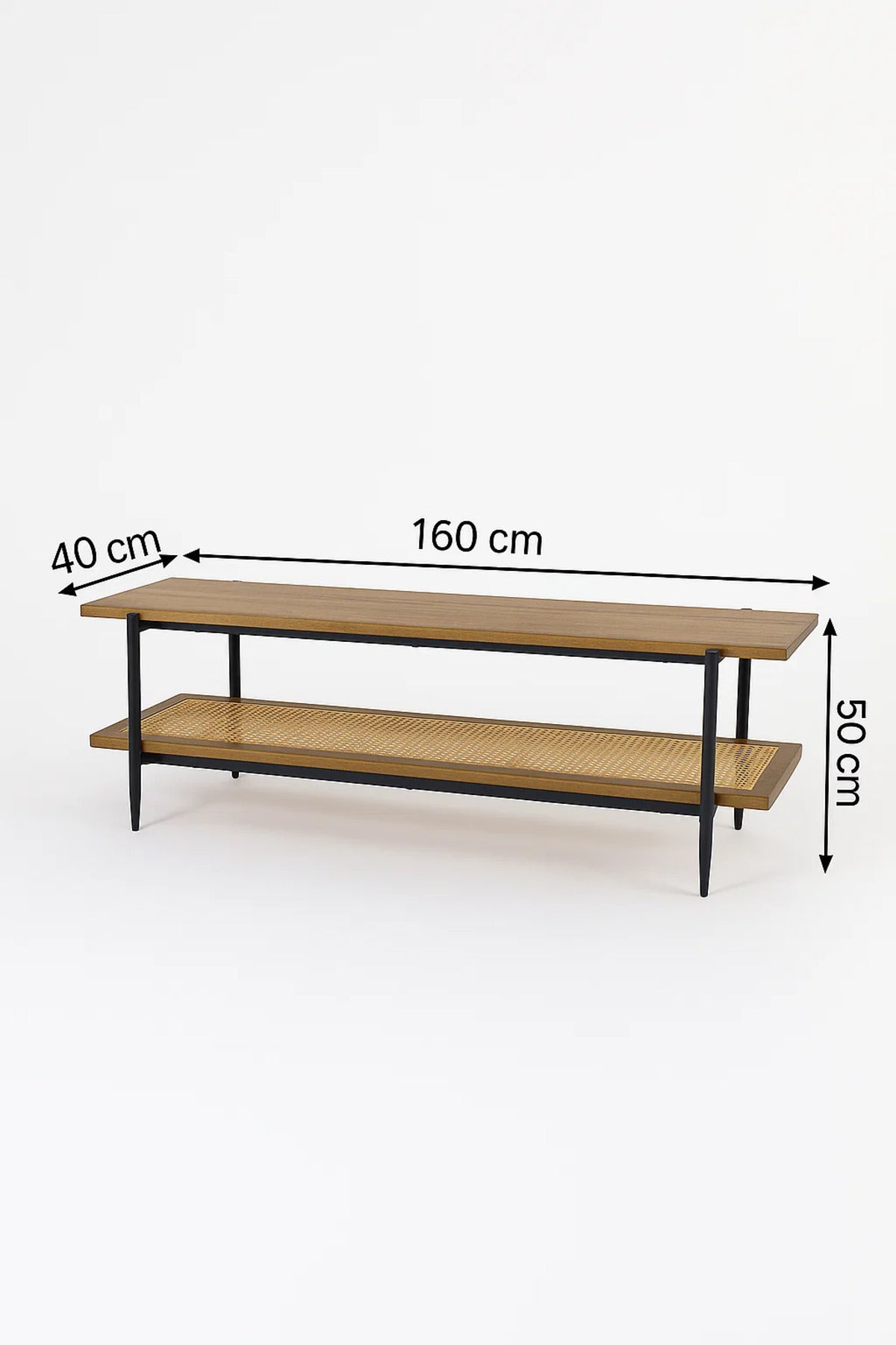 Modern Brown TV Stand with Rattan Shelf Ð 160x40x50 cm Two-Tier Wooden Media Console