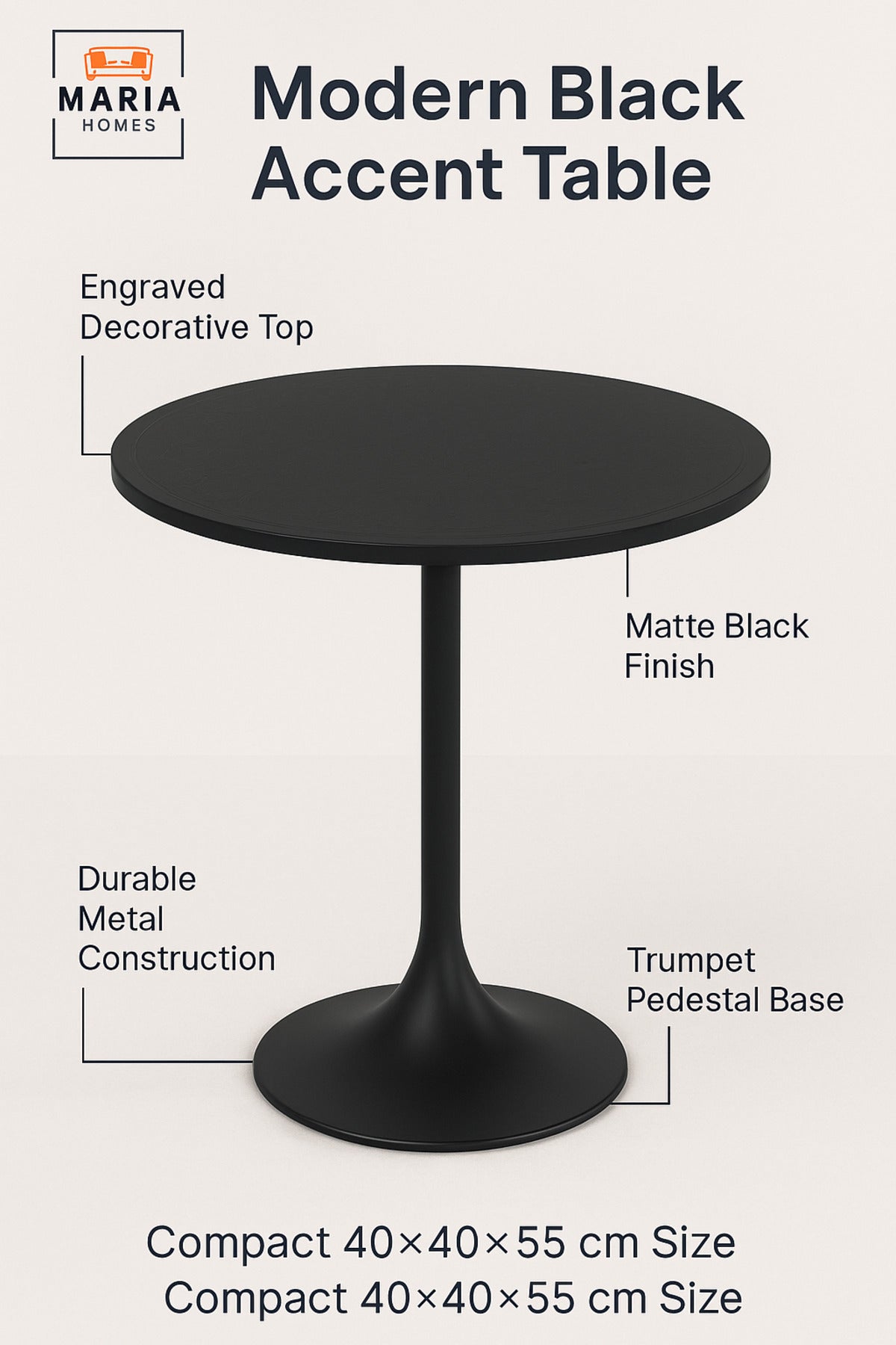 Modern Black Metal Side Table 40x40x55 cm | Round Coffee Table for Living Room & Bedroom