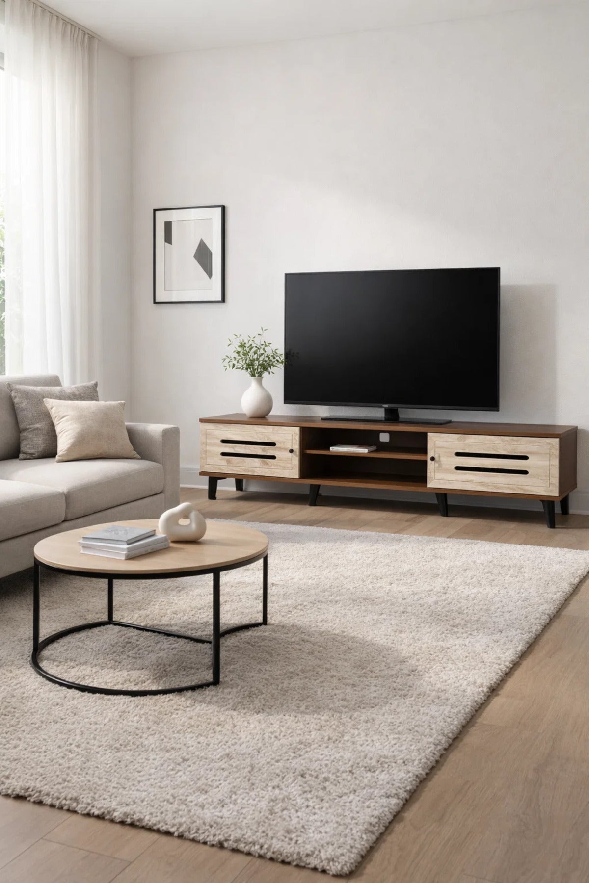 Modern Wooden TV Stand Dark Brown with Beige Front Panels 180 x 40 x 43 cm