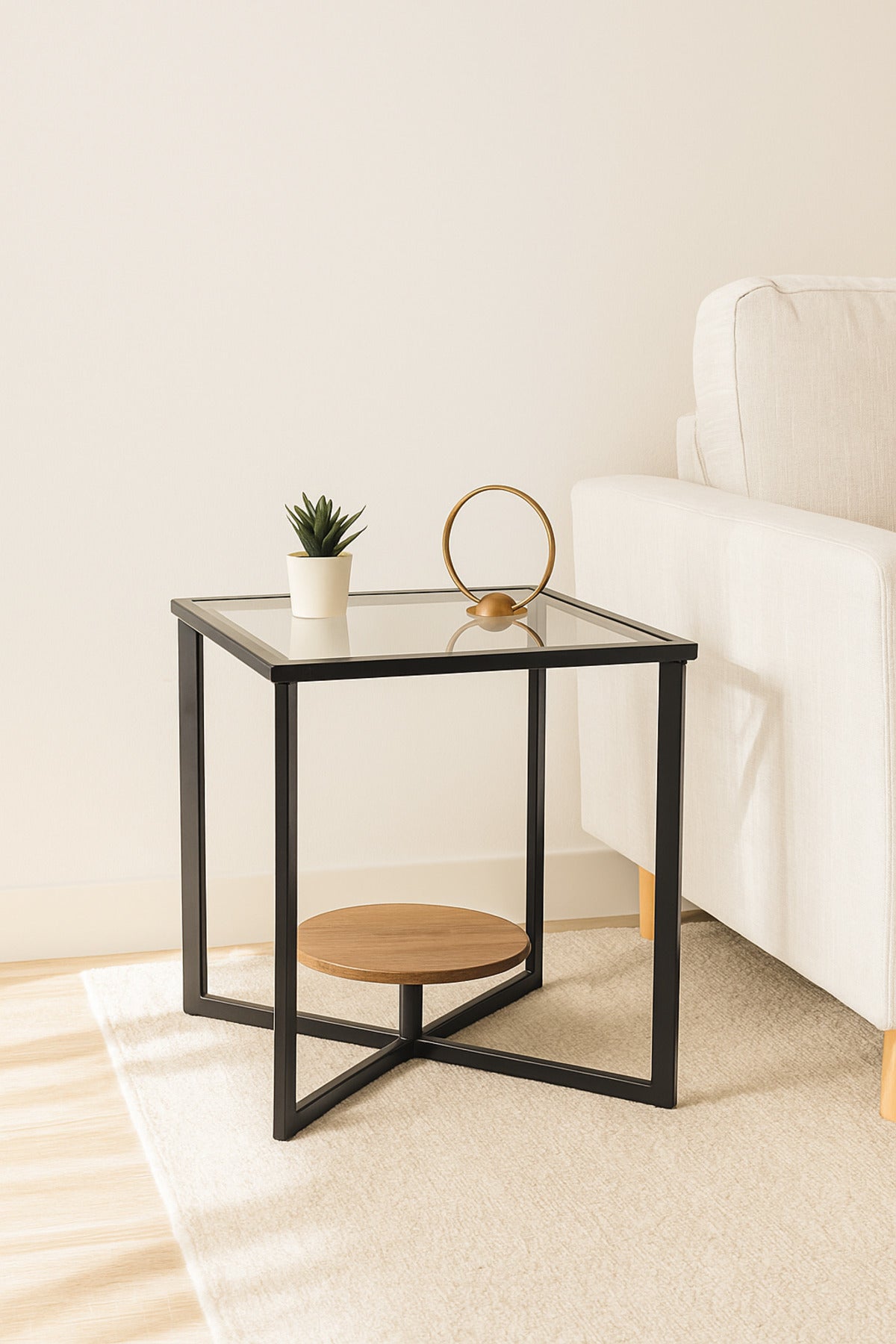 Modern Glass Side Table with Black Metal Frame and Brown Wooden Shelf Ð Square End Table 40_40_50 cm