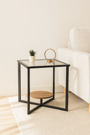 Modern Glass Side Table with Black Metal Frame and Brown Wooden Shelf Ð Square End Table 40_40_50 cm