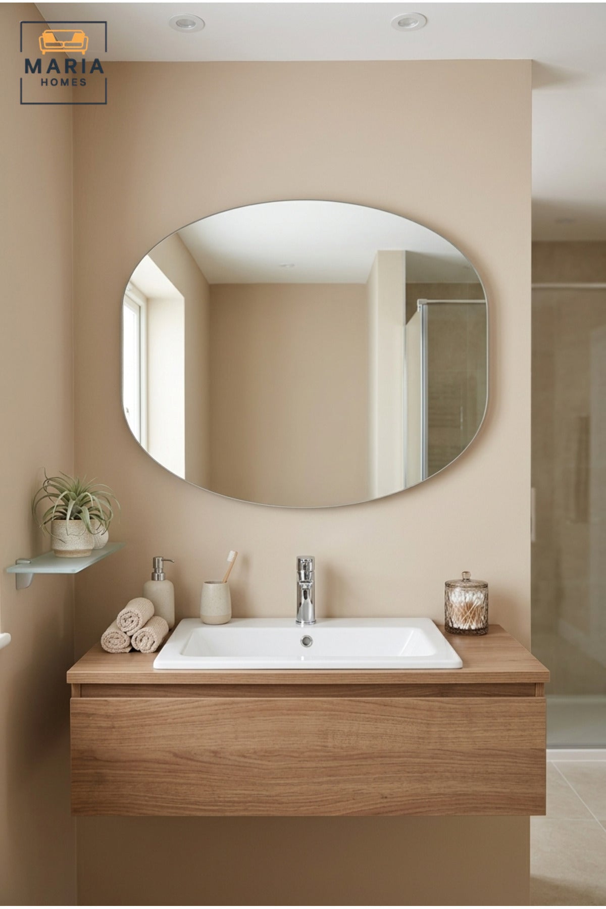 Frameless Oval Wall Mirror 80 × 60 cm with Soft Curved Shape, Modern Decorative Mirror for Bathroom, Bedroom, Dressing Area, Hallway, Entryway and Vanity