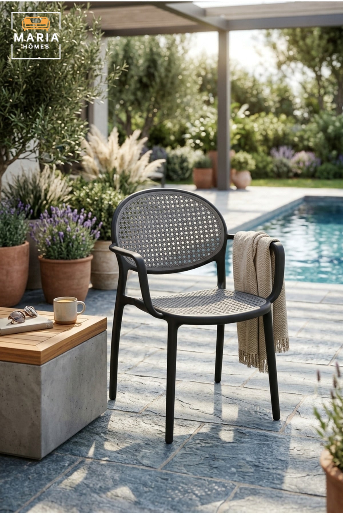 Modern Outdoor Dining Chair with Rattan-Style Backrest, Supportive Armrests and Durable Frame for Garden, Patio, Balcony, Café and Restaurant