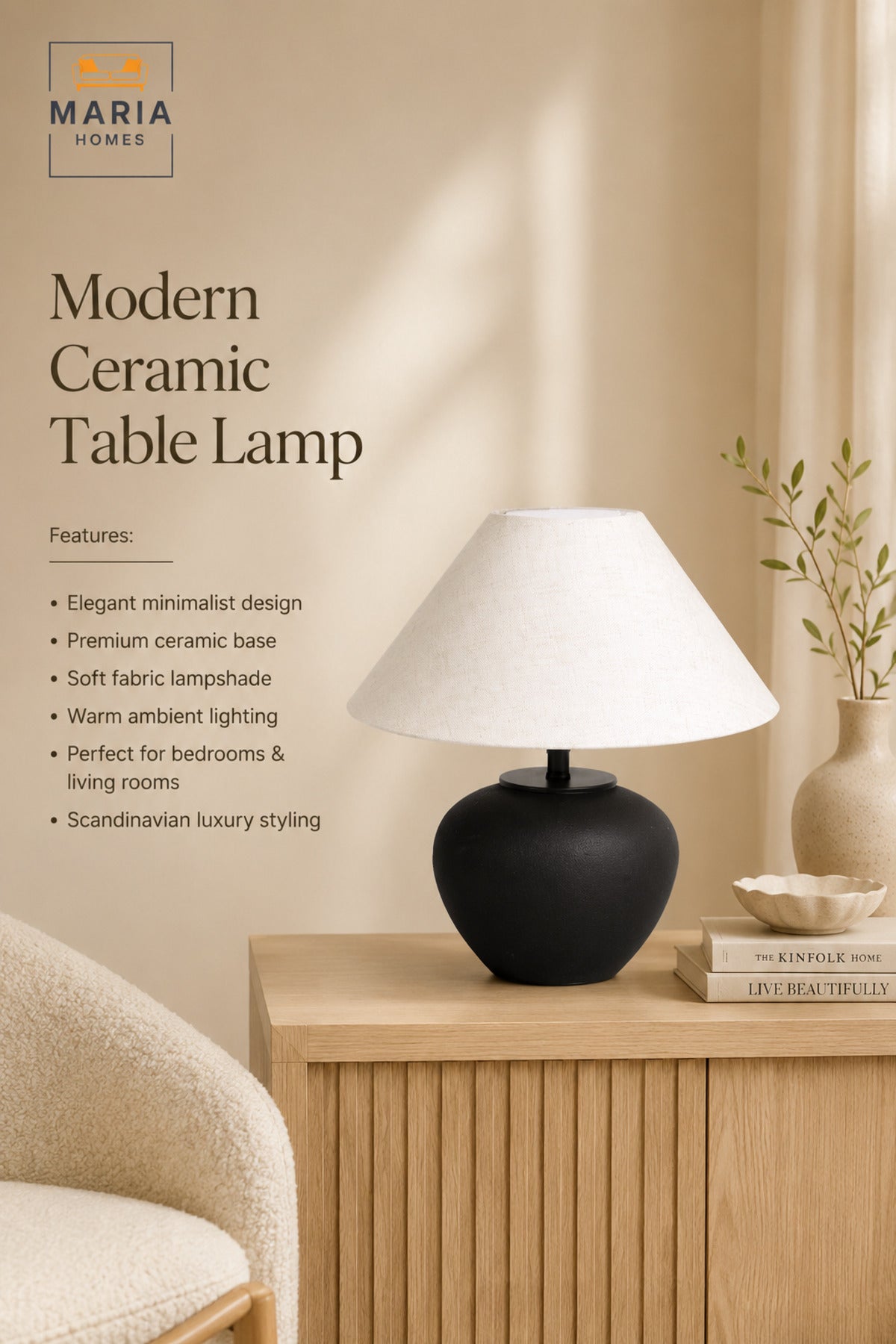 Black & White Modern Table Lamp √ê Minimalist Bedside Lamp for Bedroom, Living Room, Office & Home D≈Ωcor