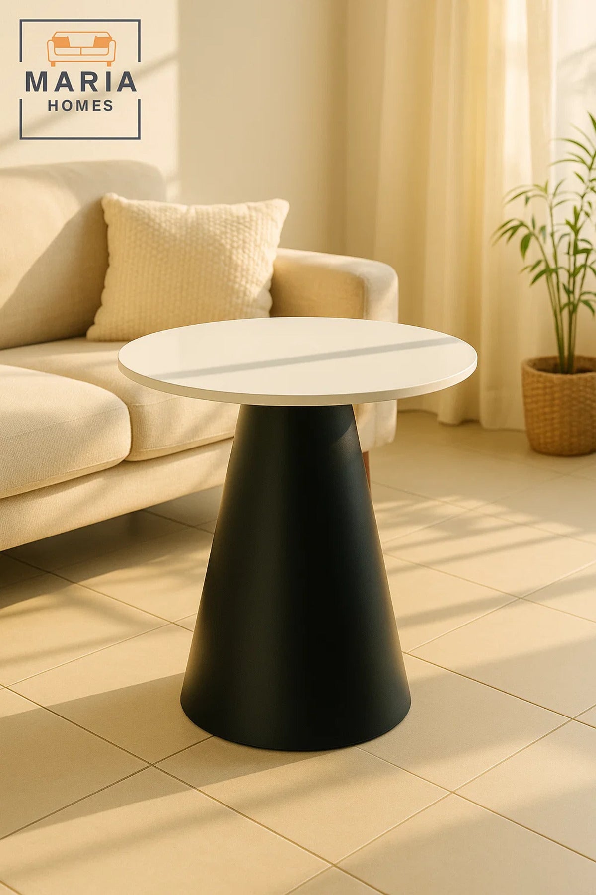 Minimalist Round White Top Table with Black Tapered Base