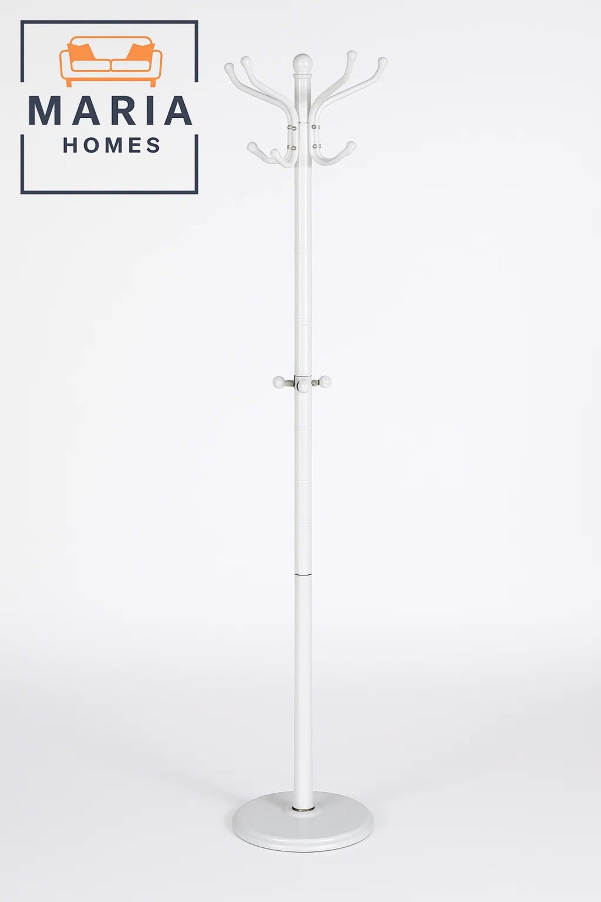 White Standing Coat Rack with Rounded Hooks and Stable Circular Base
