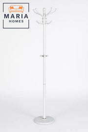 White Standing Coat Rack with Rounded Hooks and Stable Circular Base