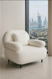 Modern White BouclŽ Lounge Chair with Pillow & Cushioned Armrests Ð Cozy Accent Seating